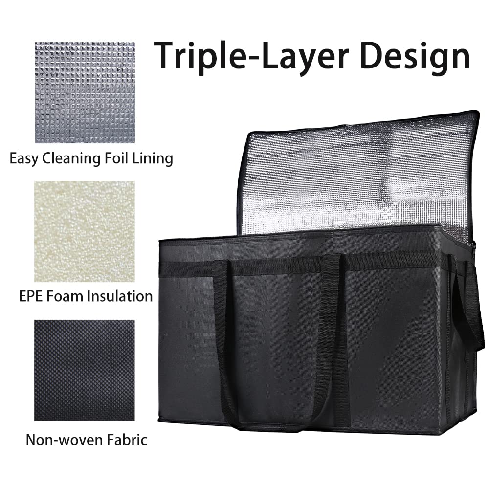 Bodaon 3-Pack Large Insulated Food Delivery Bag - Keeps Meals Hot or Cold - XXXL Black Thermal Tote for Catering, Groceries & Pizza - Perfect for Restaurants, Food Delivery & Picnics
