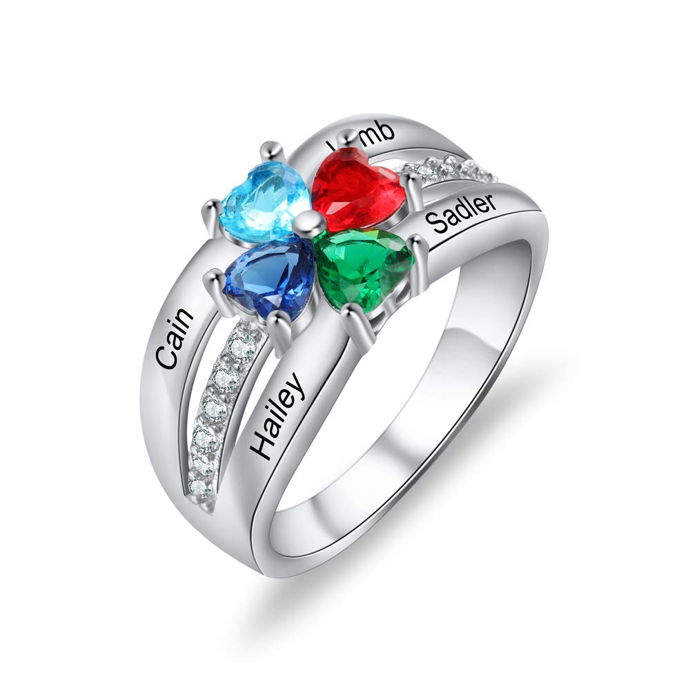 Custom Sterling Silver Mothers Ring with 4 Simulated Birthstones - Personalized Name Engraved Promise Ring for Women - Perfect Mother's Day Gift for Mom, Grandma, Wife (Ideal for Birthday, Anniversary, Christmas Gifts)