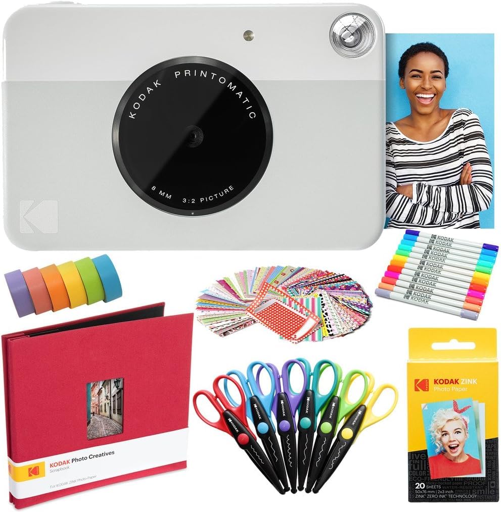 KODAK Printomatic Instant Camera (Grey) with 20 Zink Photo Papers, Scrapbook Kit, Markers, Stickers, Scissors & Washi Tape - Perfect for DIY Crafts, Memory Keeping, Party Favors and Creative Gift Giving