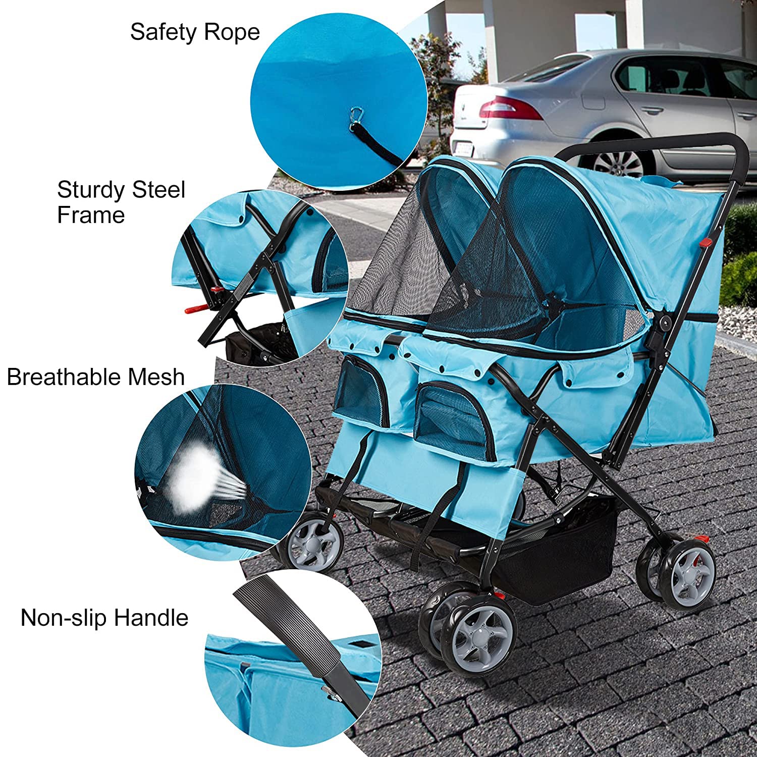Foldable Double Pet Stroller - 2-Seater Dog & Cat Carrier with Wheels - Lightweight Travel Strolling Cart for Small Animals (Blue) - Perfect for Park Walks, Vet Visits, and Shopping Trips