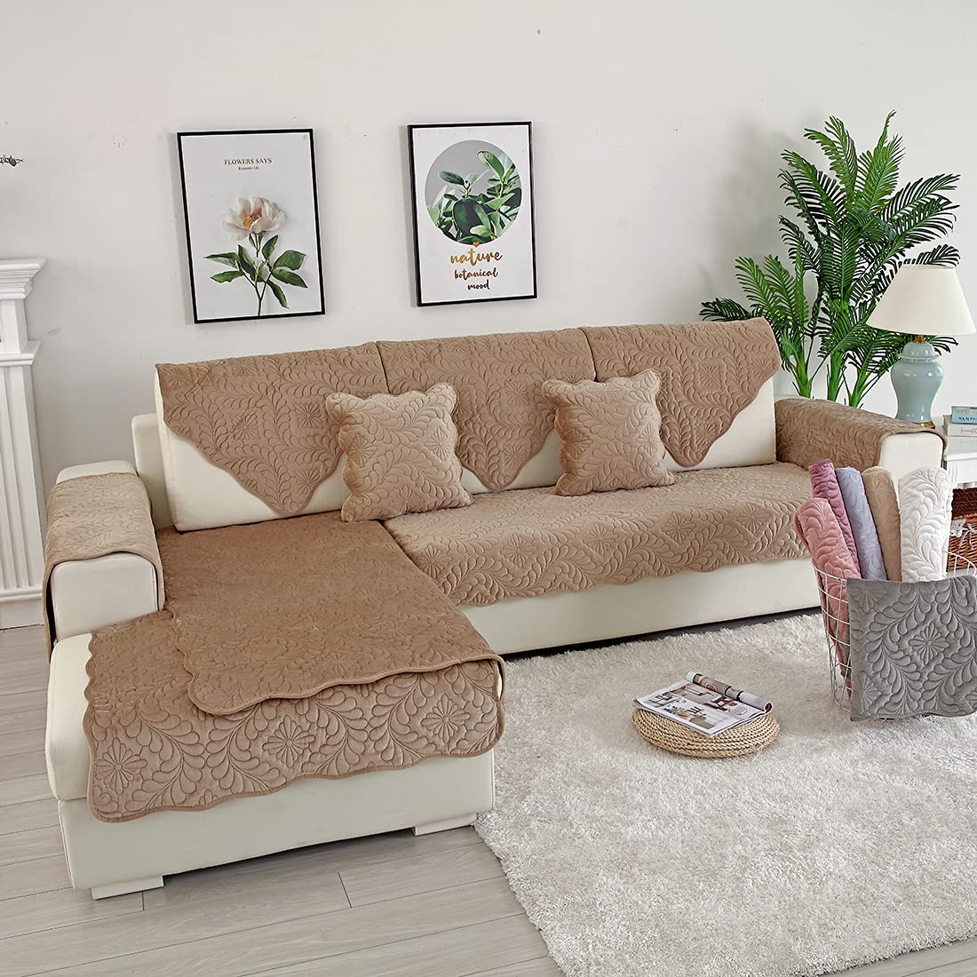 VCTOPS Velvet Quilted Sofa Cover - Soft Non-Slip Sectional Couch Cover for Pets, Fits L-Shaped Leather Couches & Recliners (36
