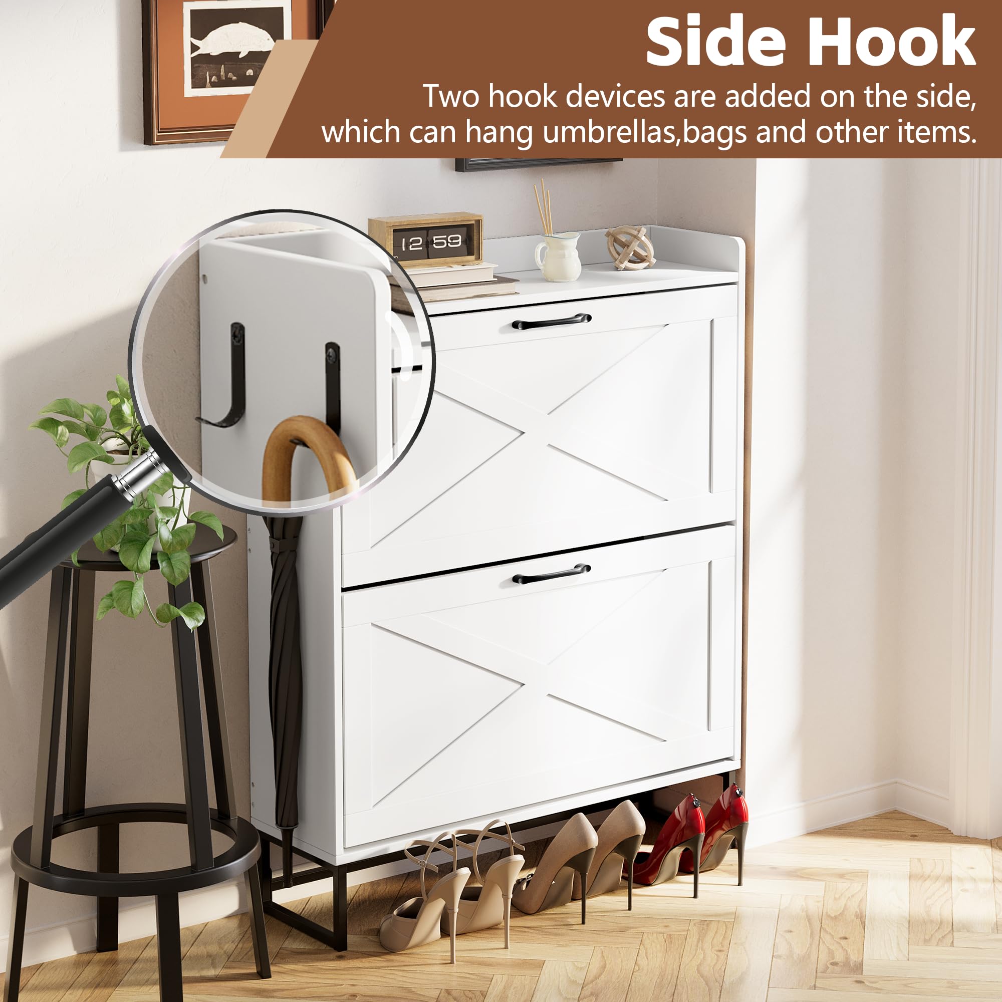 Hidden Shoe Storage Cabinet with 2 Rattan Flip Drawers & Adjustable Shelves - Entryway Shoe Organizer for Hallway, Closet | Perfect for Small Spaces & Apartment Living