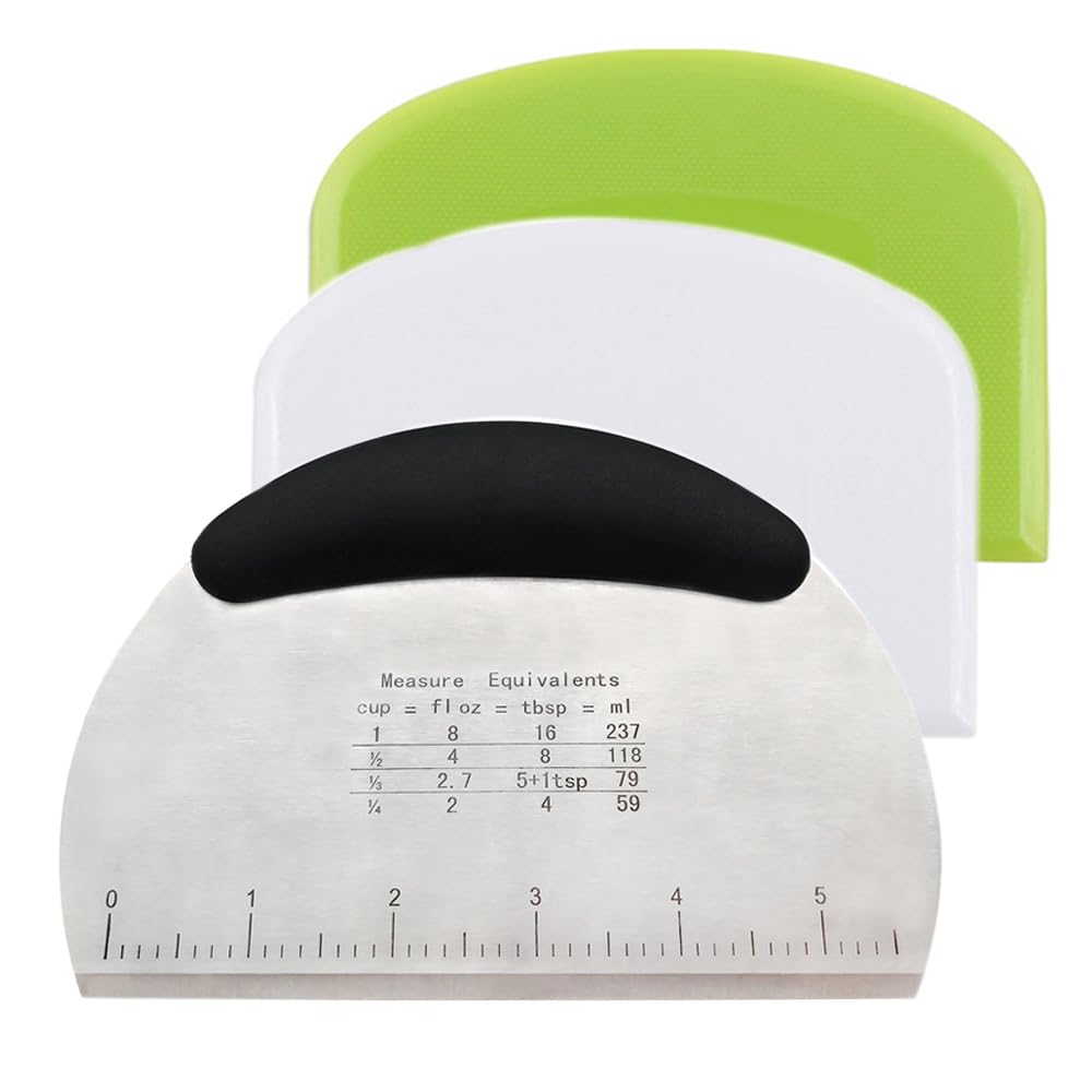 3-Piece Stainless Steel Dough Scraper Set - Pastry Cutter, Pizza Chopper with Ergonomic Handle & Measuring Scale for Baking, Cooking & Kitchen Prep
