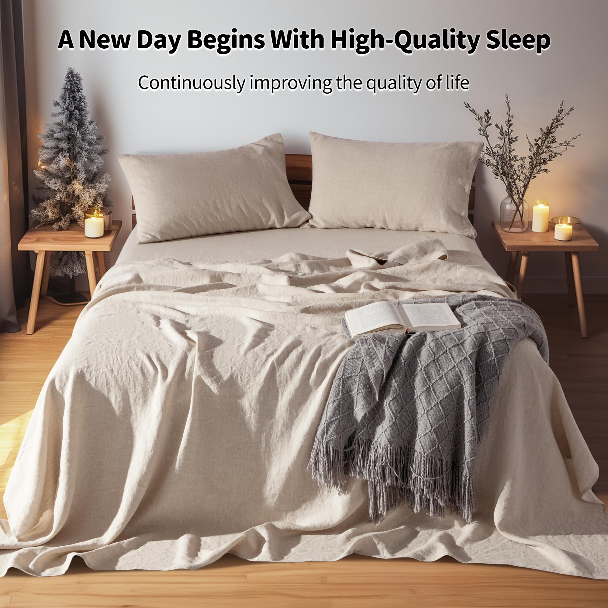 100% Linen Sheet Set Queen Size - 4 Piece Natural Flax Bedding | Soft, Breathable & All-Season Comfort | 16