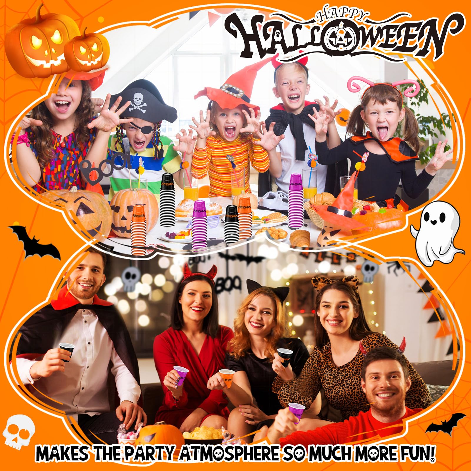 100-Pack Halloween Plastic Cups 2 oz - Disposable Mini Party Cups for Bachelorette, Birthday, Tasting & Serving - Black, Orange, Purple - Perfect for Halloween Parties, Baby Showers & Cocktail Sampling