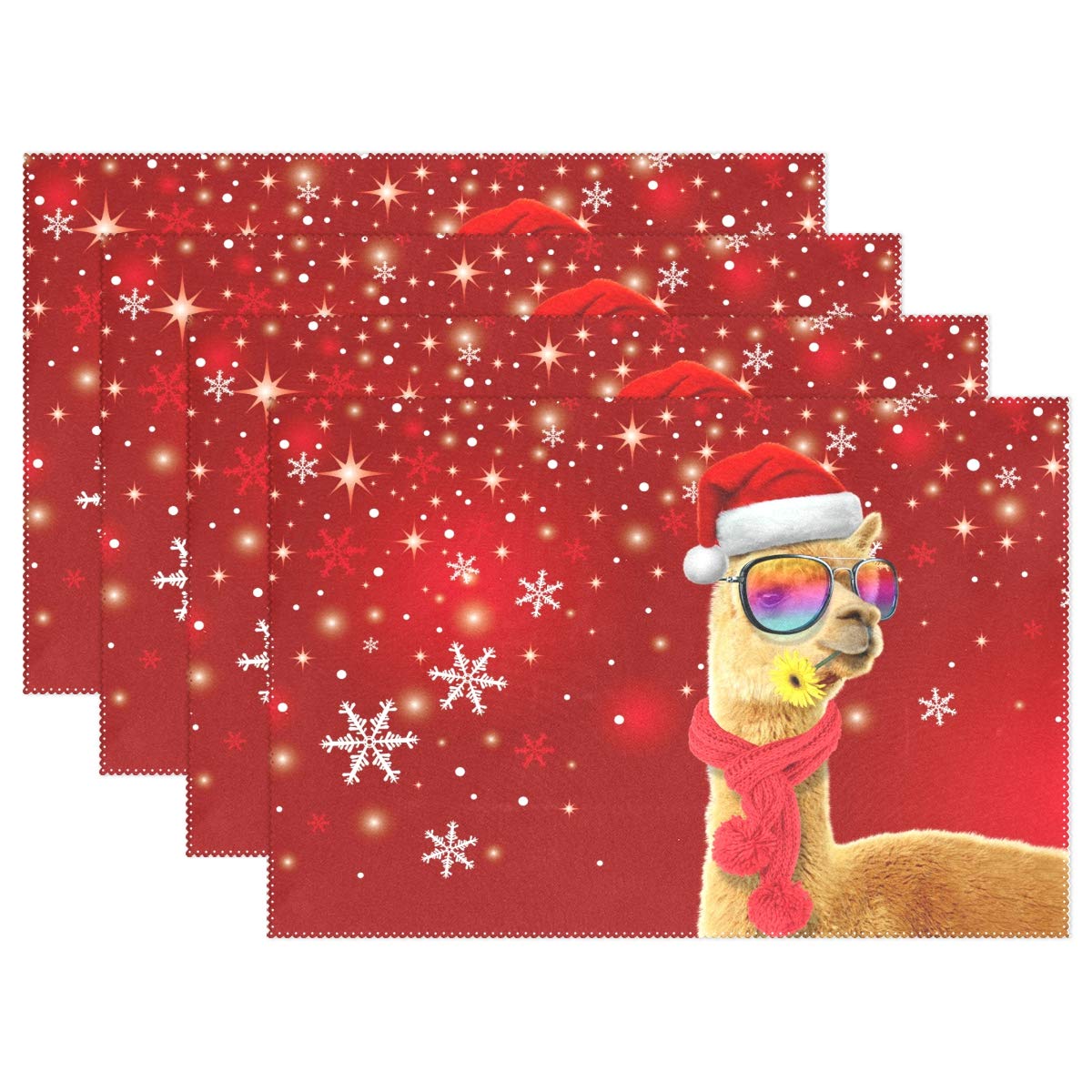 MOYYO Christmas Llama Alpaca Red Placemats - Set of 4 Heat-Resistant Non-Slip Polyester Table Mats, Washable & Easy Clean for Dining & Kitchen Decor | Perfect for Holiday Parties, Family Gatherings & Festive Table Settings