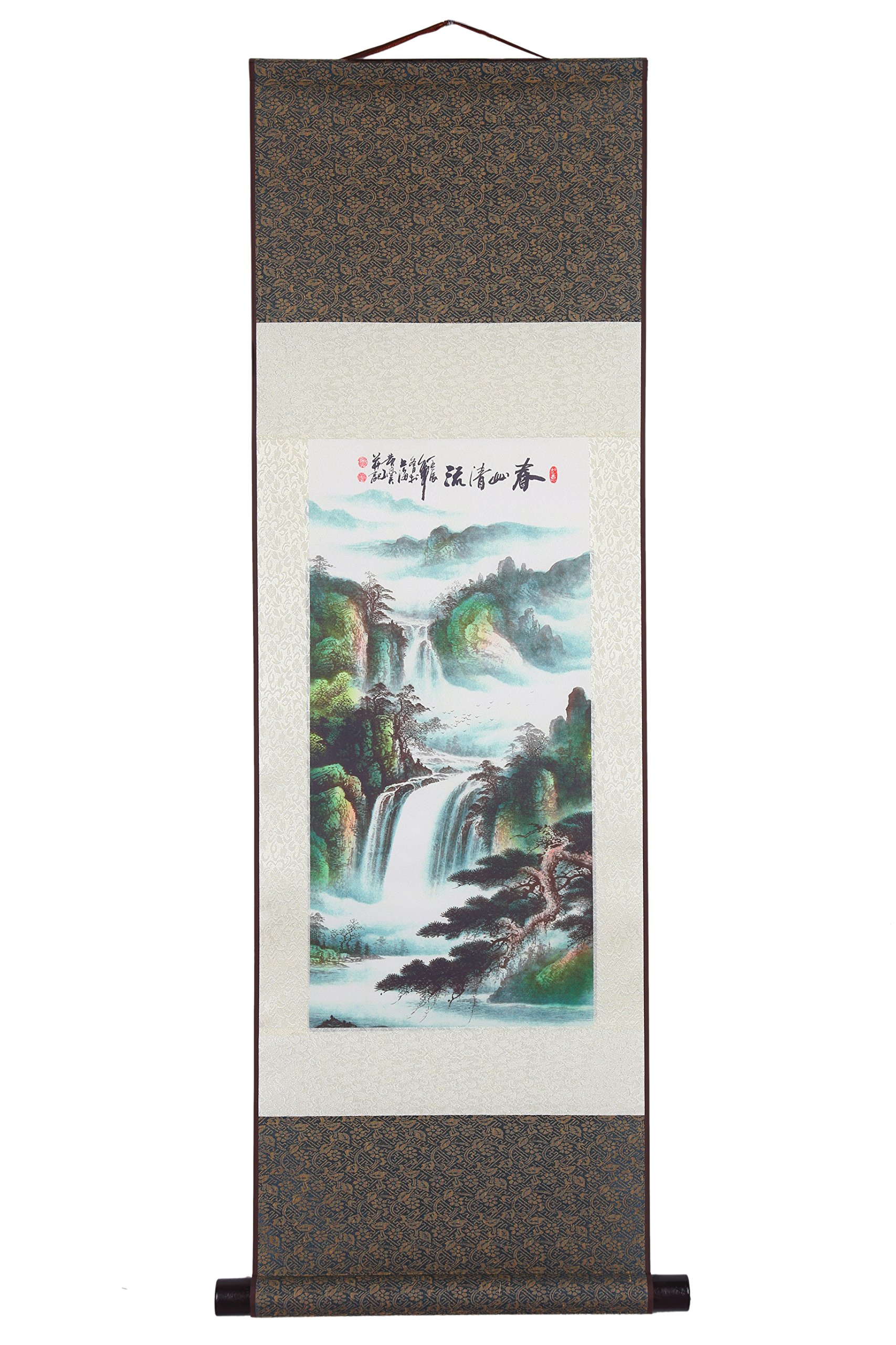 Chinese Wealth Mountain Trees Silk Scroll Wall Art - Traditional Calligraphy Hanging Painting 12'' X 40'' - Perfect for Home Decor, Office Feng Shui & Asian-Inspired Interior Design