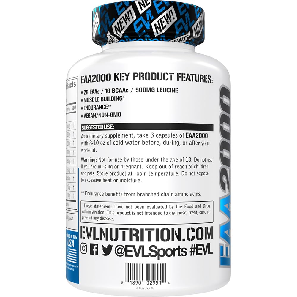 EVLution Nutrition EAA 2000 Essential Amino Acids Supplement - 90 Vegan Capsules for Muscle Recovery & Performance - Pre & Post Workout, Fitness & Bodybuilding