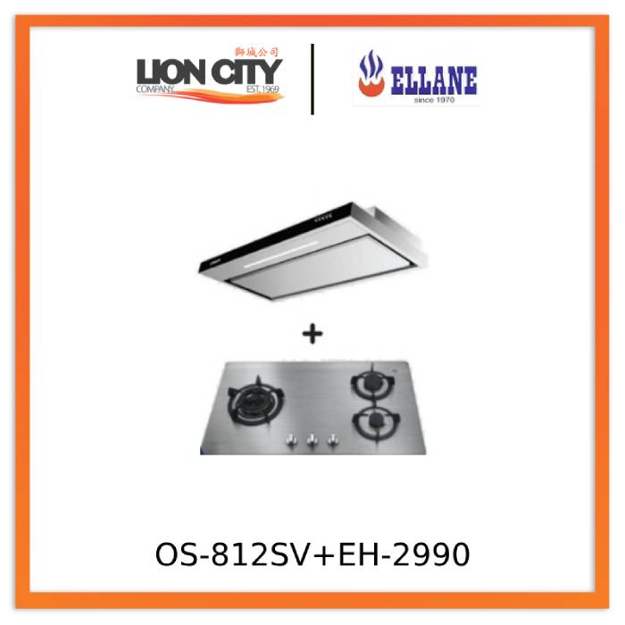 Ellane EH 2990 90cm Stainless Steel Slimline Range Hood & Ellane OS 812SV 86cm 3-Burner Gas Cooktop - Modern Kitchen Ventilation & Cooking Combo for Home Chefs