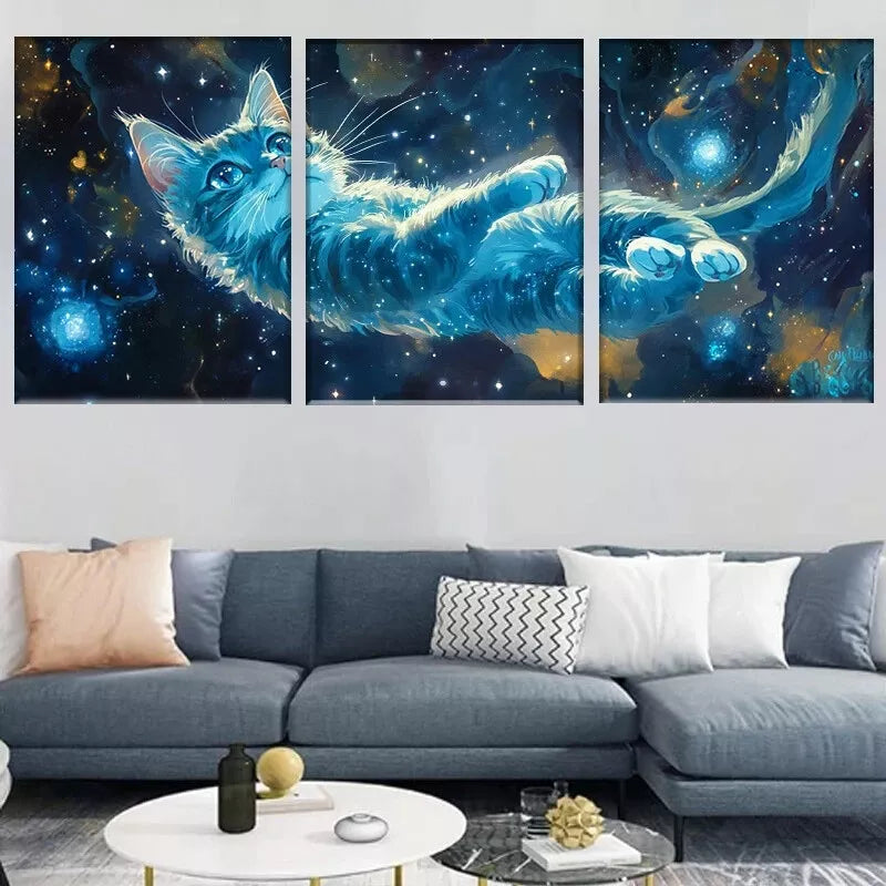 3-Piece Vibrant Blue Cosmic Cat Adventure Wall Art Set - Framed Canvas 50x70cm - High Quality Print - 100% Australian Made - Ready to Hang - Perfect for Living Room, Bedroom & Office Decor