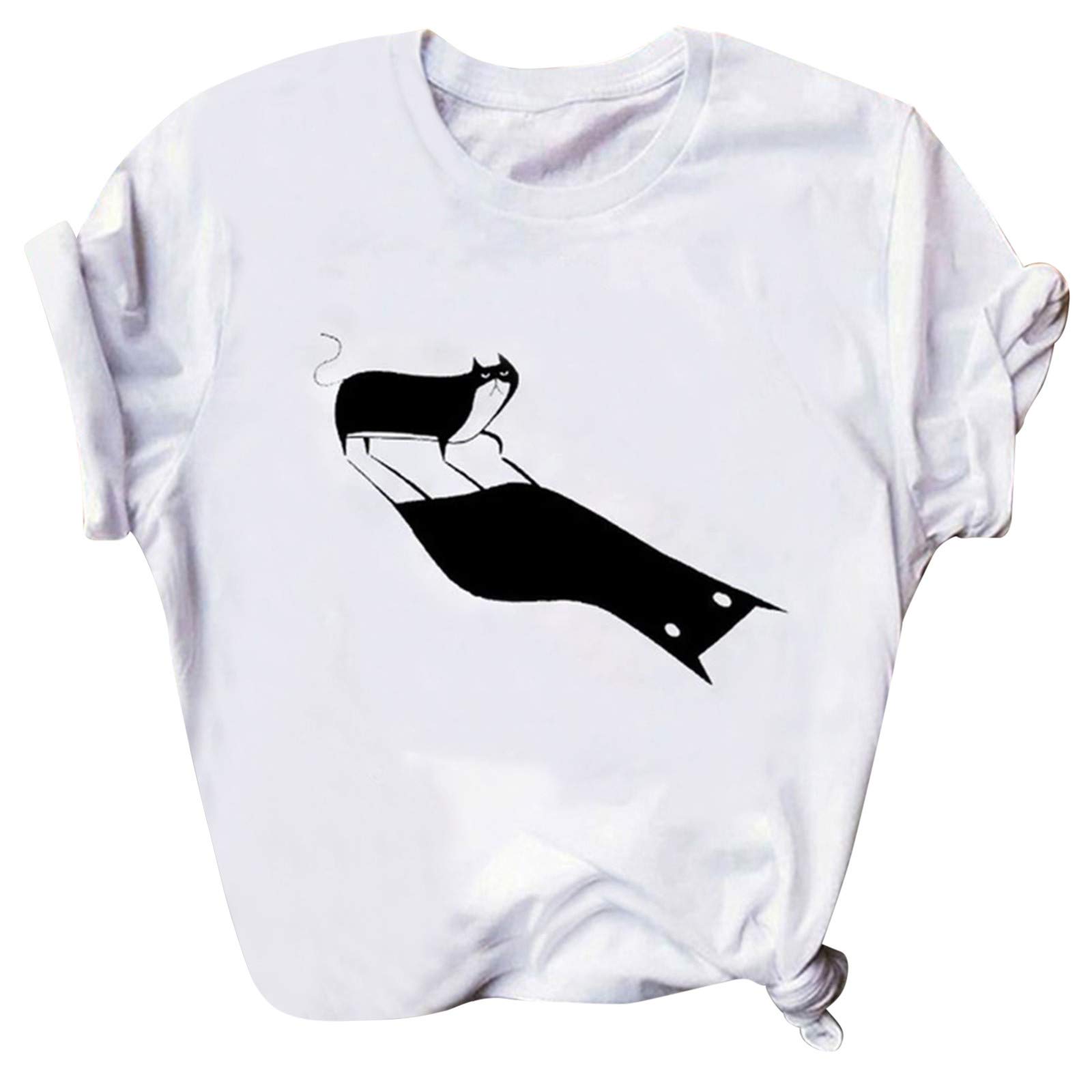 Women's Loose Fit 3D Printed Cat Tunic T-Shirt - Short Sleeve O-Neck Blouse (White, Size S) | Casual Wear, Office Outfits & Everyday Fashion