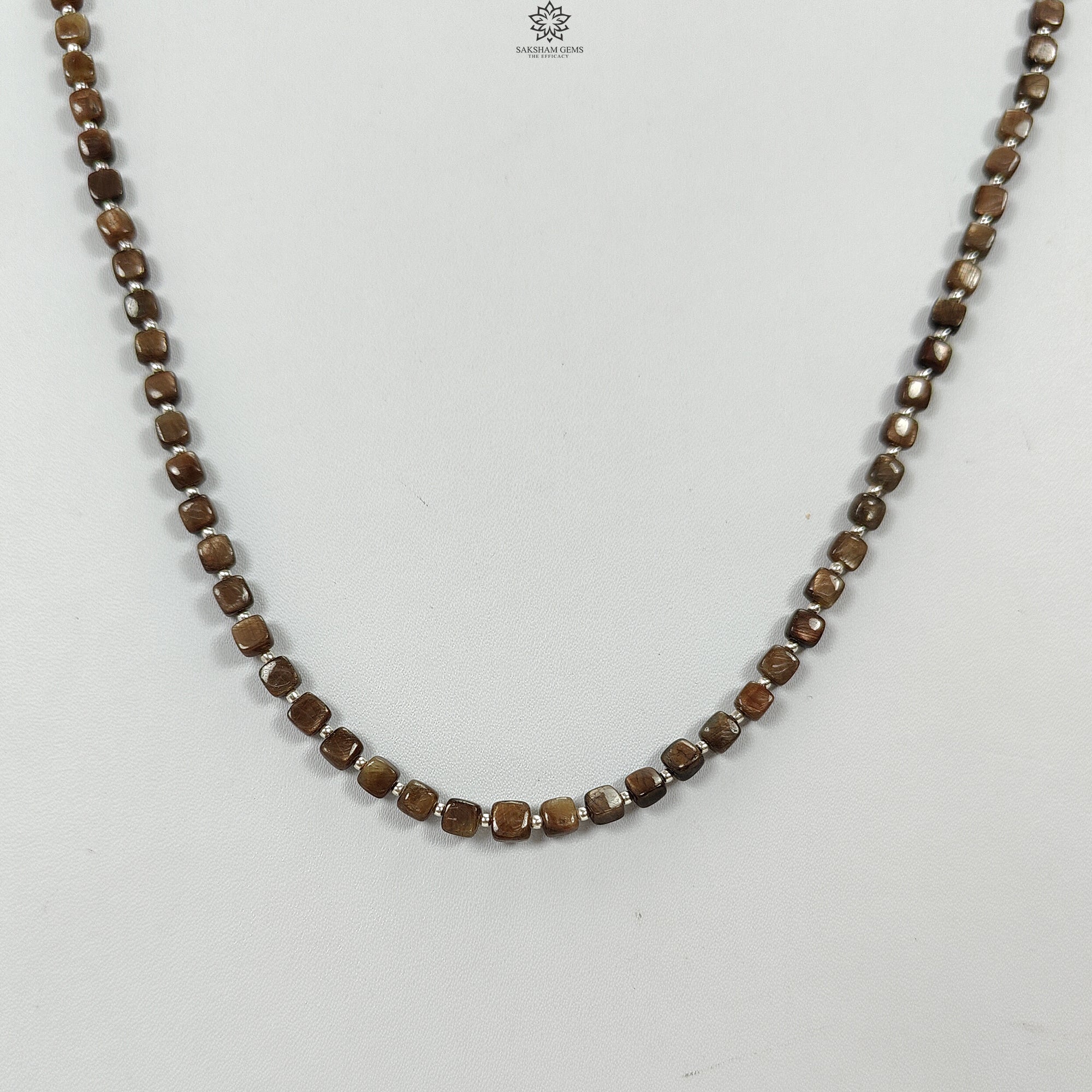 Natural Golden Brown Chocolate Sapphire Gemstone Beads Necklace - 15.75gms Cushion Cut 925 Sterling Silver Jewelry (4mm, 19