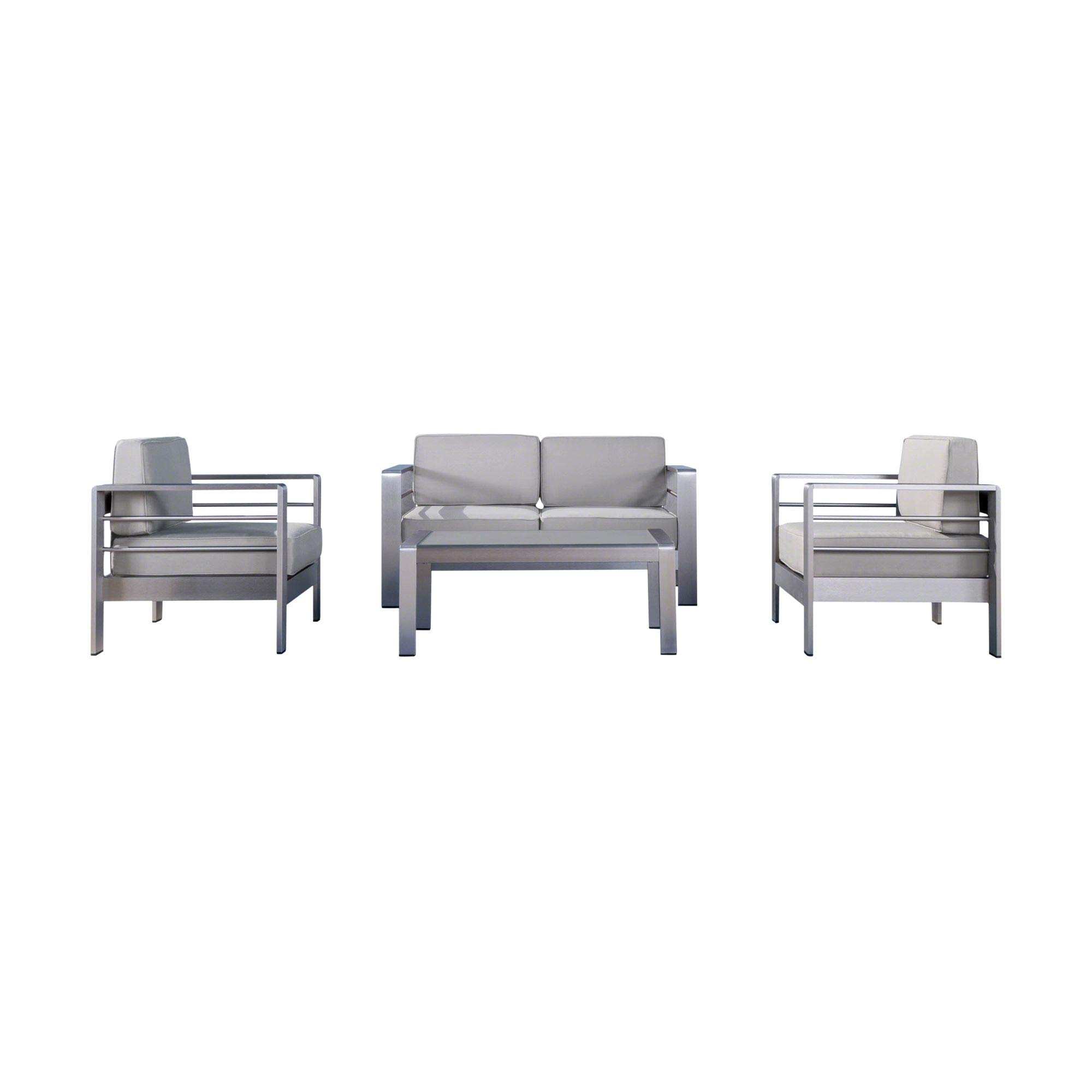 4-Piece Silver Modern Outdoor Patio Furniture Set with Cushions - Perfect for Garden, Backyard, Poolside or Terrace Relaxation