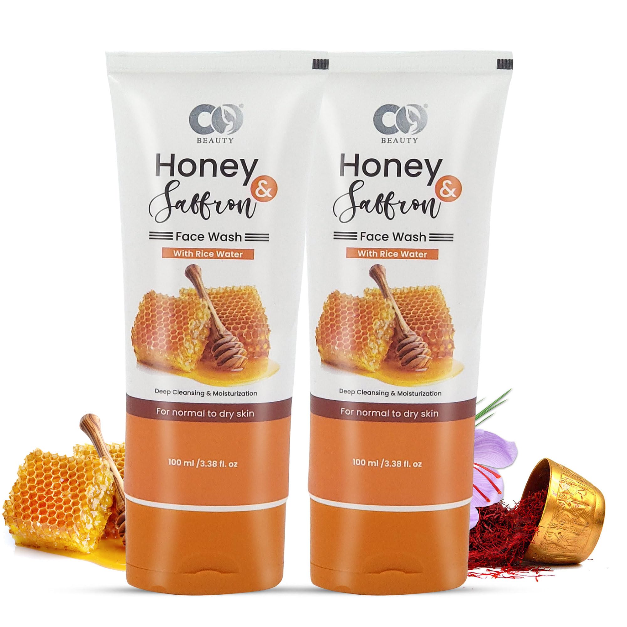 CO BEAUTY Saffron Honey Face Wash with Rice Water - Natural Daily Facial Cleanser for Glowing Skin | Brightening & Nourishing Formula with Glycerin | 200ml (Pack of 2) | Perfect for Morning & Night Skincare Routine