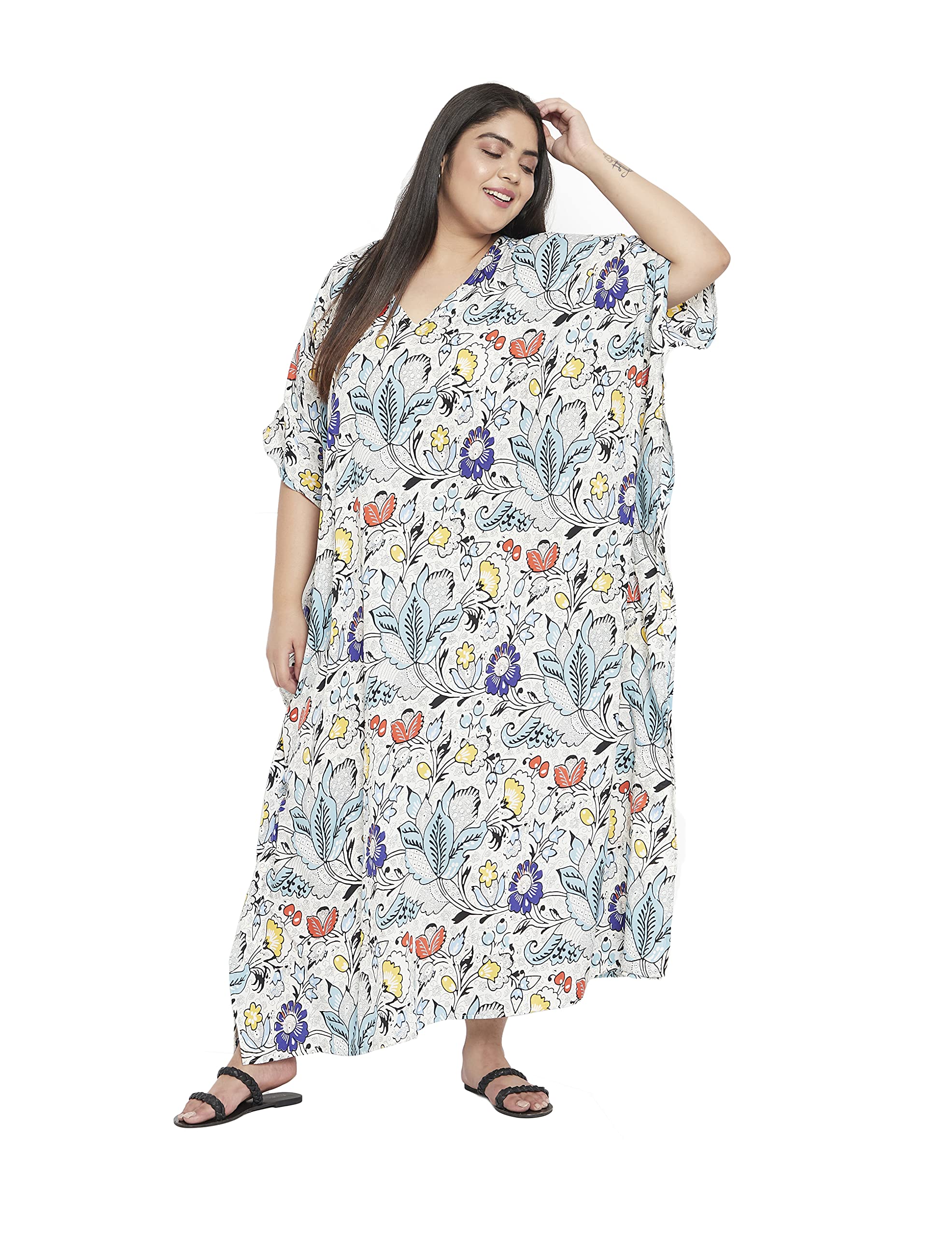 Gypsie Blu Women's Plus Size Floral Kaftan Dress - Long Sleeve Maxi Tunic for Beach, Vacation & Summer Casual Wear | Boho Chic Cover Up for Poolside, Resort & Lounge