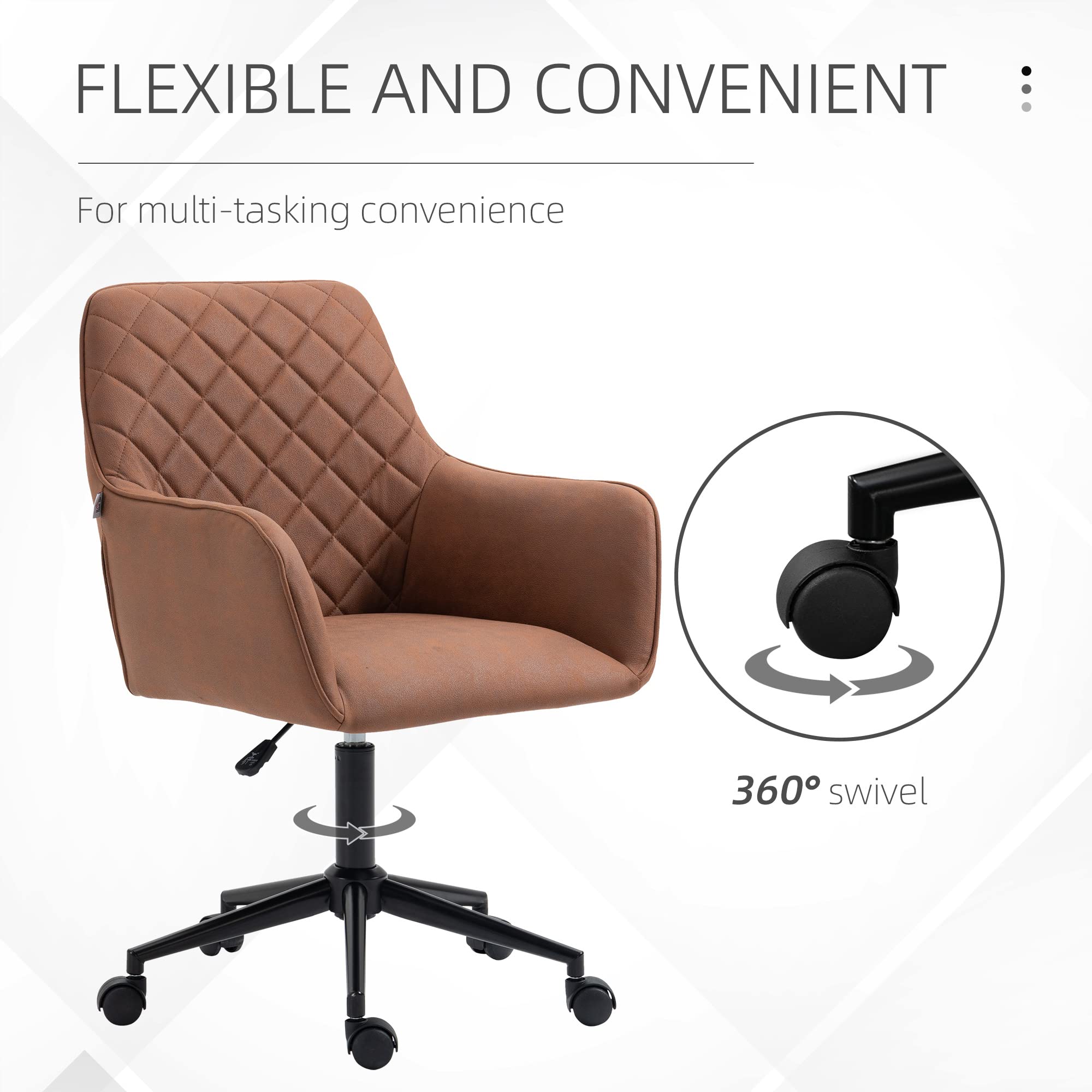 Vinsetto Mid Back Modern Home Office Chair - Adjustable Height Swivel Computer Desk Chair with Microfiber Upholstery, Diamond Stitch Design & Padded Armrests (Brown) - Perfect for Home Office, Gaming & Study Workspaces