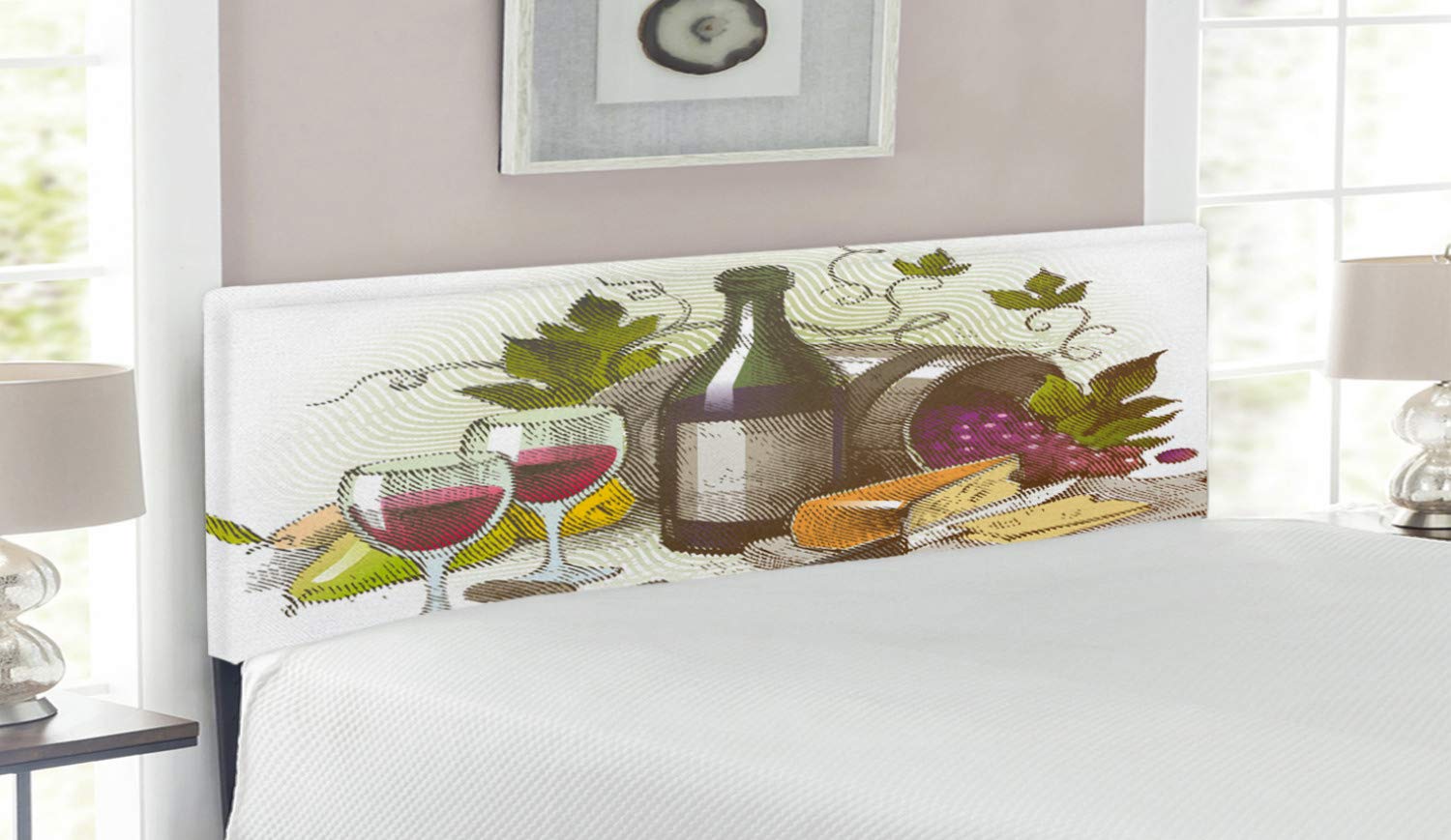 Vintage Wine & Cheese Headboard - Queen Size Upholstered Metal Bed Frame with Memory Foam | Ambesonne Decorative Bed Headboard for Master Bedroom, Guest Room & Wine Lover's Home Decor