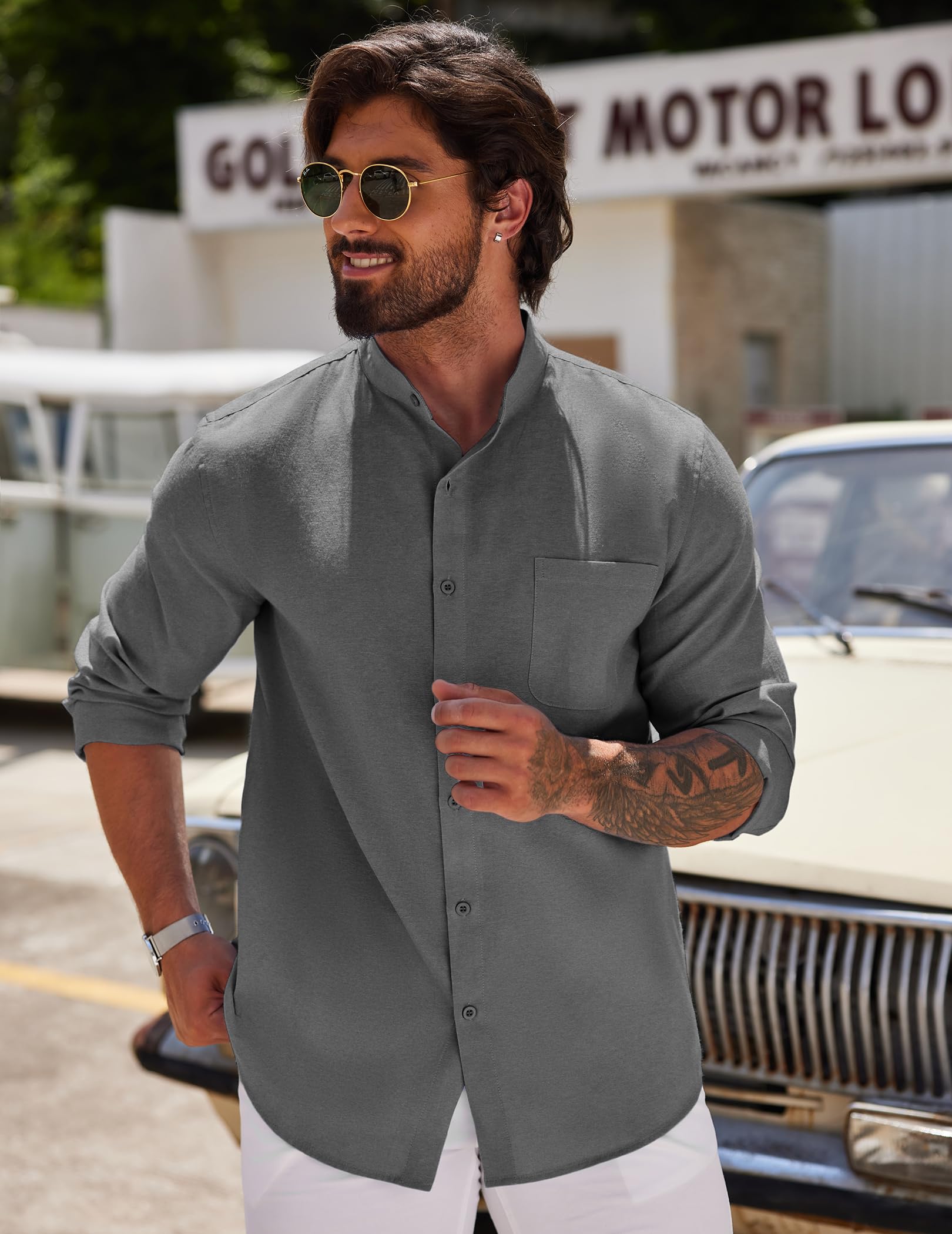 COOFANDY Men's Long Sleeve Linen Shirt - Band Collar Button Down Oxford Dress Shirt for Casual & Business Wear | Breathable Summer Office & Wedding Attire