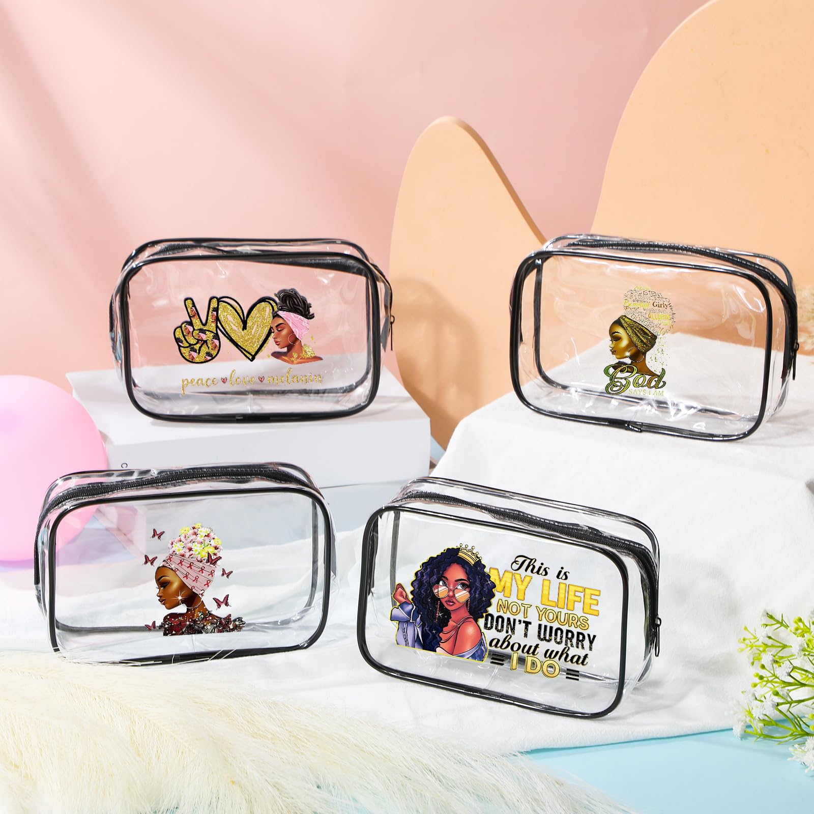 Sweetude 4-Piece African American Makeup Bag Set - Waterproof Travel Toiletry Organizer with Zipper, Funny Inspirational Cosmetic Pouches for Black Women | Perfect for Travel, Gym, Work & Daily Essentials Storage