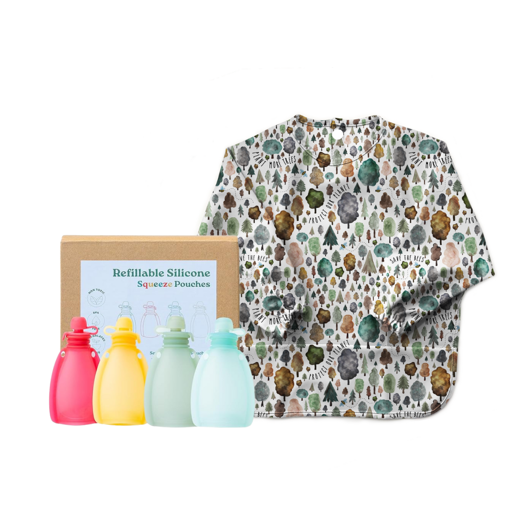 Baby Smock Bib with Reusable Food Pouches Set - Waterproof Feeding Bib & Spill-Proof Snack Bags for Toddlers, Infants & Kids - Perfect for Mealtime, Daycare & On-the-Go Snacking