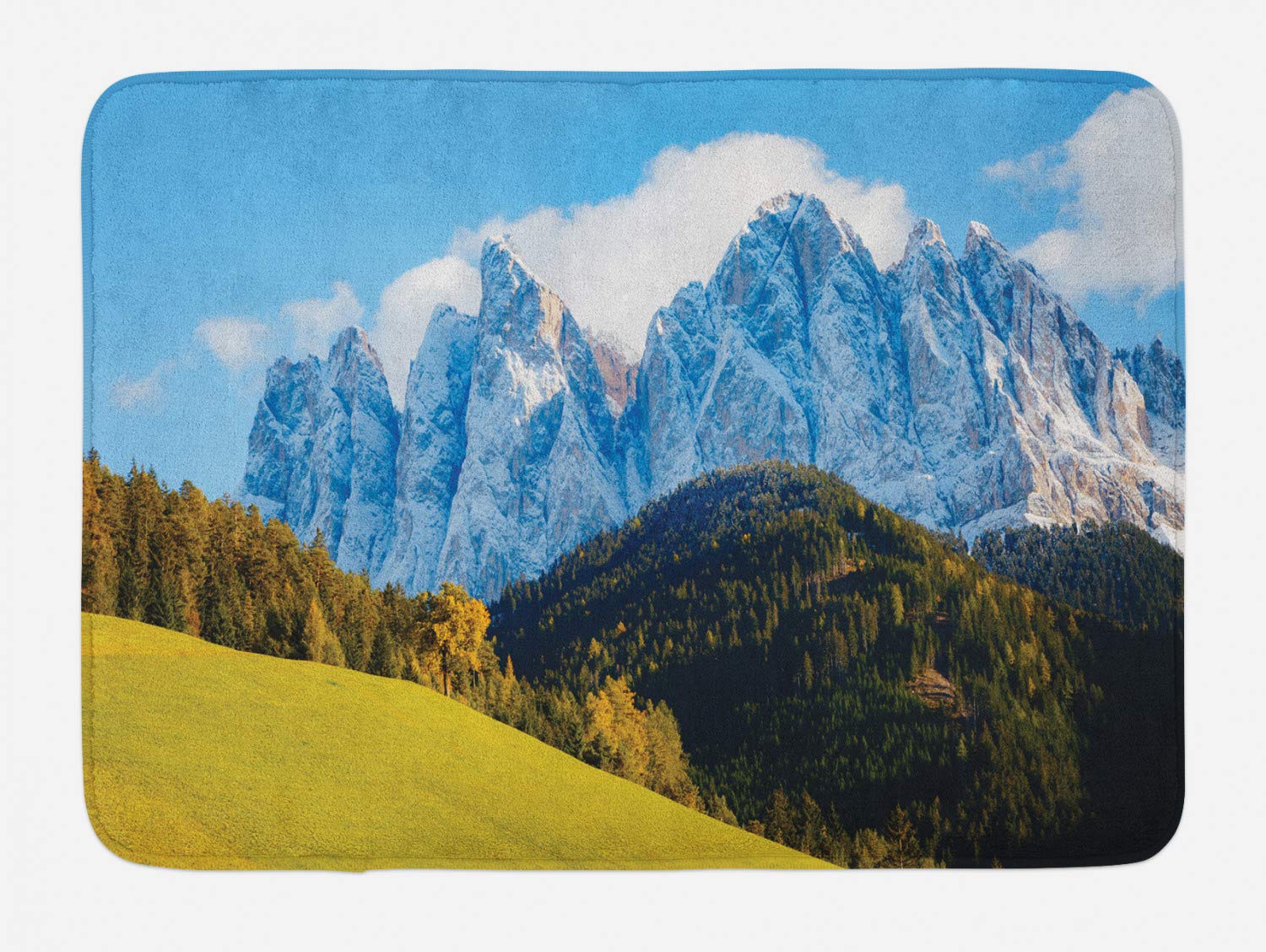 Ambesonne Non-Slip Plush Bath Mat - Sunny Meadow Hills Landscape with Santa Magdalena Village Scenic View, 30.2