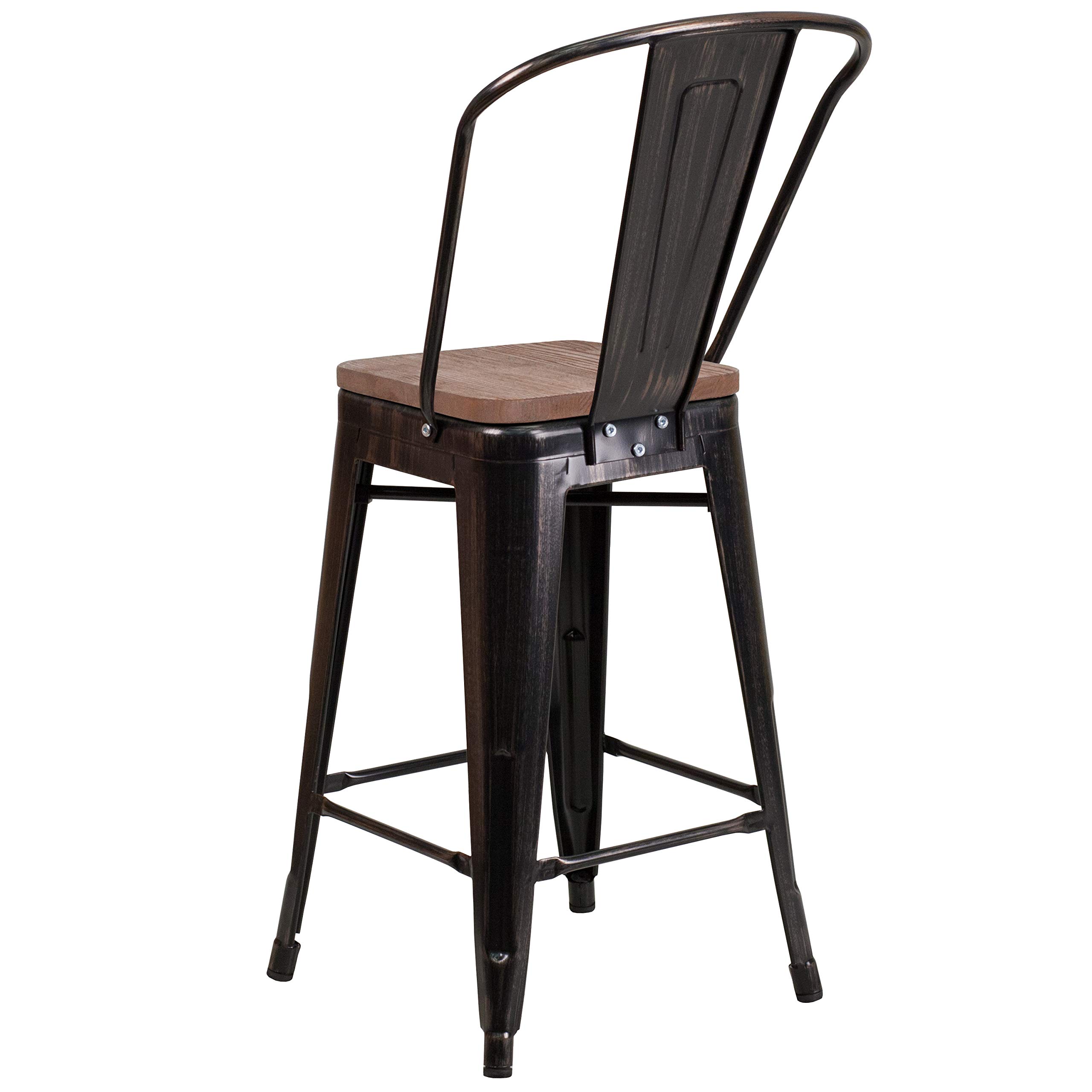EMMA + OLIVER 24 Inch Black and Antique Gold Metal Wood Counter Stool with Back - Bar Stool for Kitchen Island, Breakfast Nook & Home Decor