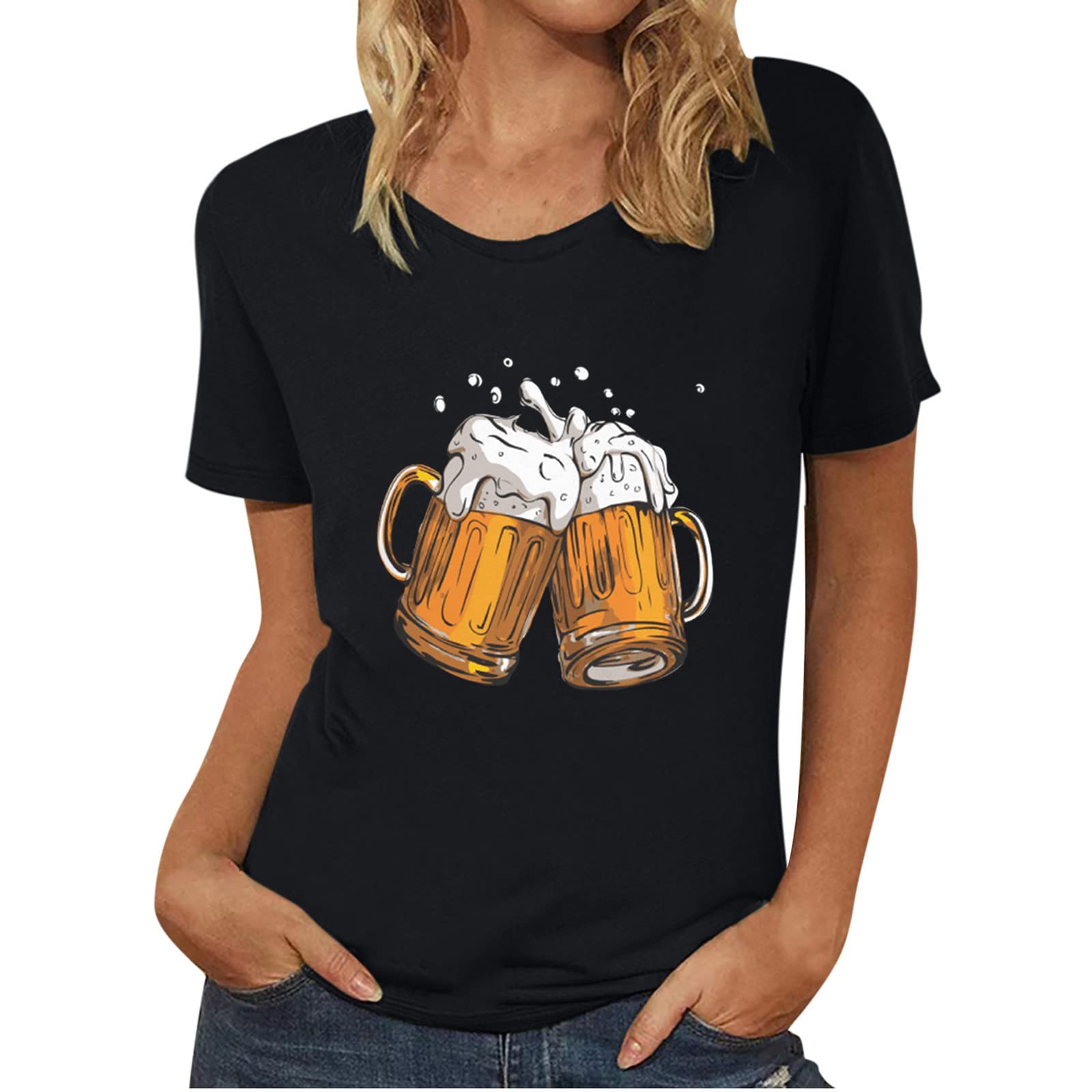 Bavarian Oktoberfest T-Shirts for Women - Round Neck Short Sleeve Casual Summer Tops - Cute Plain Tee for Beer Festival, German Party & Oktoberfest Celebration