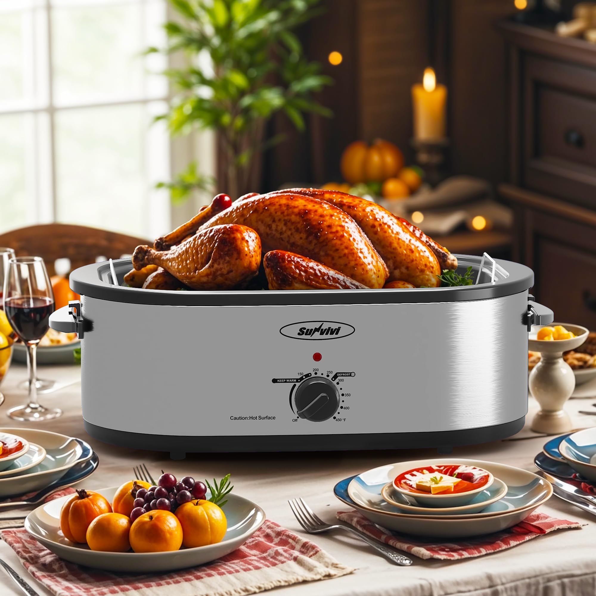 Sunvivi 20 Quart Electric Roaster Oven with Lid - Large Turkey Roaster with Removable Pan, Self-Basting Lid, Fast Heating & Thaw/Warming Setting - Perfect for Thanksgiving, Holiday Cooking, and Family Gatherings (Silver)
