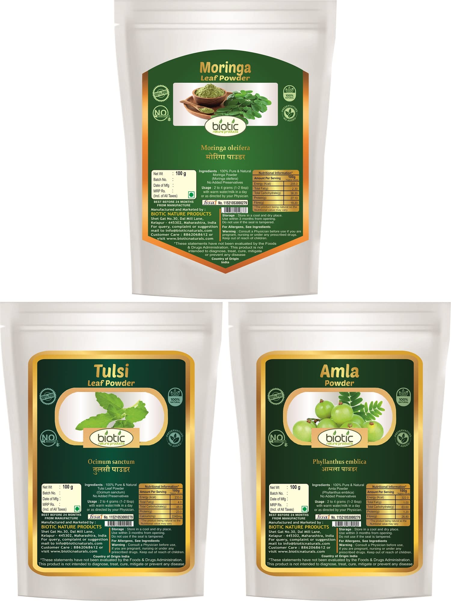 Organic Moringa Leaf Powder, Tulsi Powder & Amla Powder - 300g (100g Each) | Superfood Blend for Smoothies, Teas & Wellness Drinks | USDA Certified, Vegan & Gluten-Free