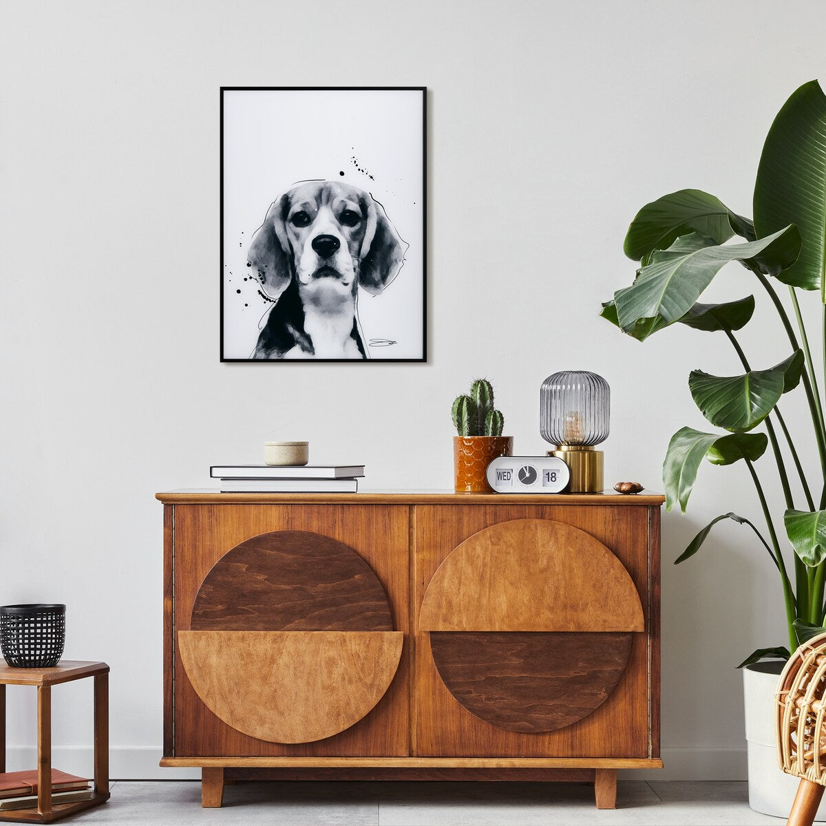 Beagle Black and White Dog Portrait Painting - Printed Glass with Black Anodized Frame - Perfect for Pet Lovers Home Decor & Gift Idea