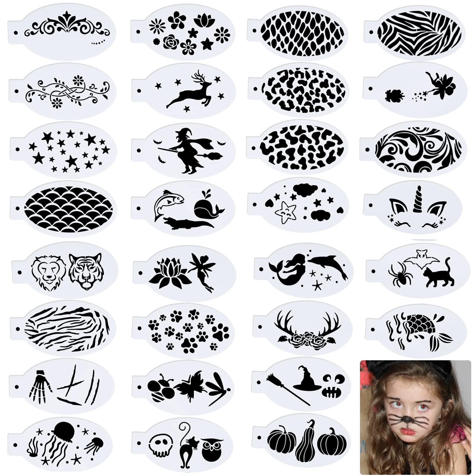 30-Piece Reusable Halloween Face & Body Paint Stencils Kit - Spooky Makeup Templates for Halloween Party, Costume Makeup, Body Art & Temporary Tattoos - Perfect for Kids & Adults Costume Parties, Trick-or-Treating & Cosplay Events