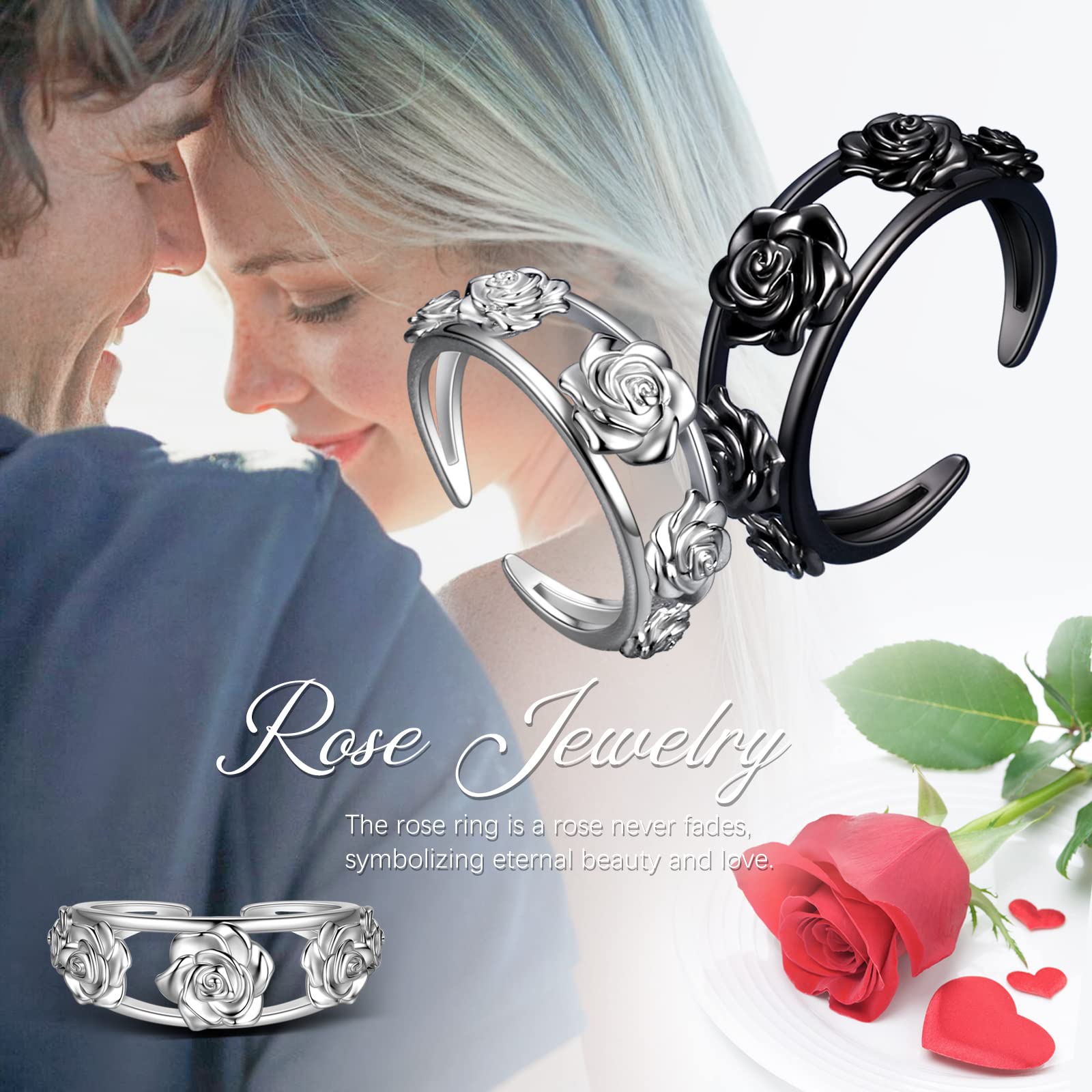 Beautlace Adjustable Rose Flower Ring - Silver & Black Gun Plated Open Band, Elegant Wedding & Engagement Jewelry Gift for Women - Perfect for Valentine's Day, Anniversary & Romantic Occasions