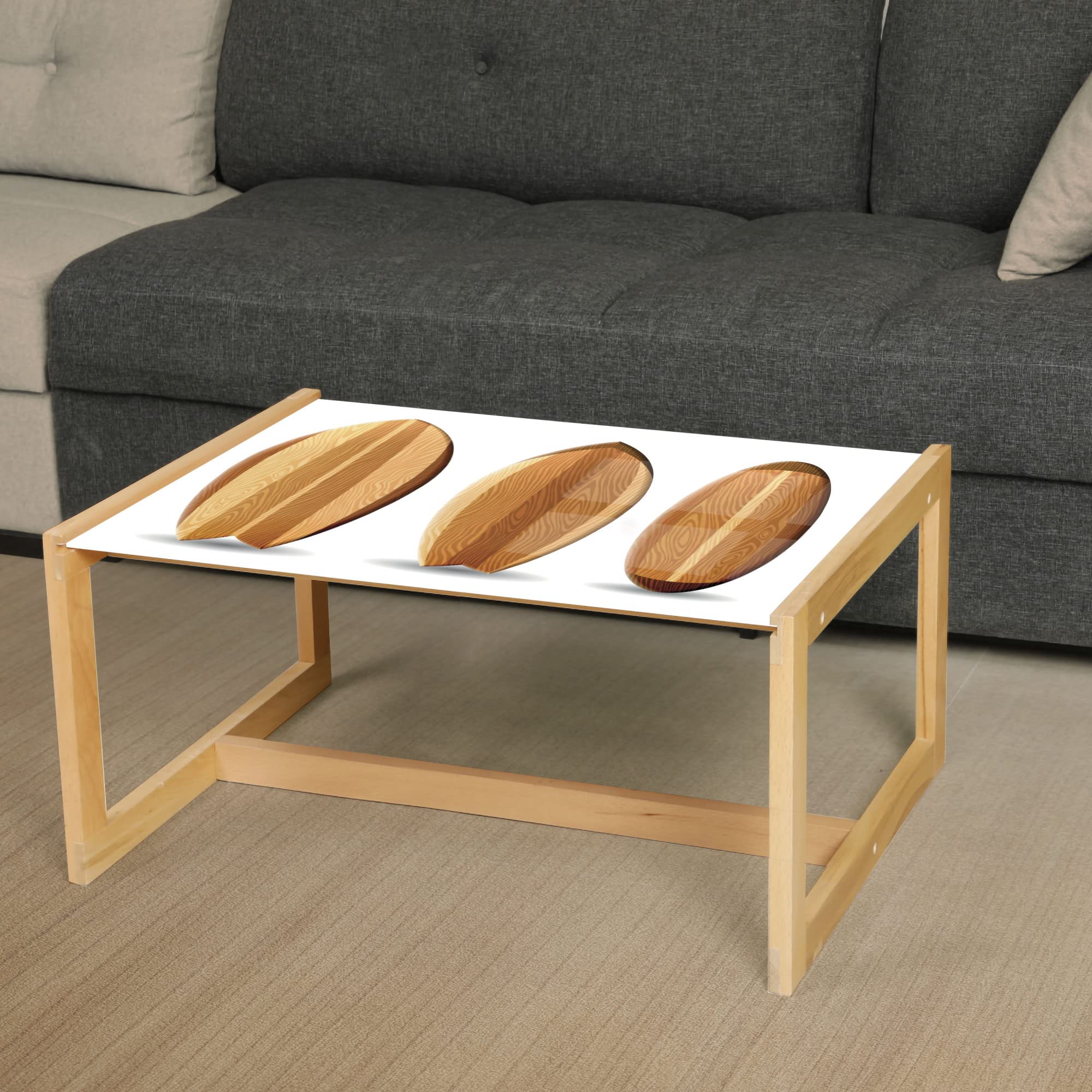 Ambesonne Surfboard Coffee Table - Wooden Frame Acrylic Glass Center Table with Ocean & Water Sports Design, White Amber & Pale Brown - Perfect for Offices, Dorms & Beach House Decor