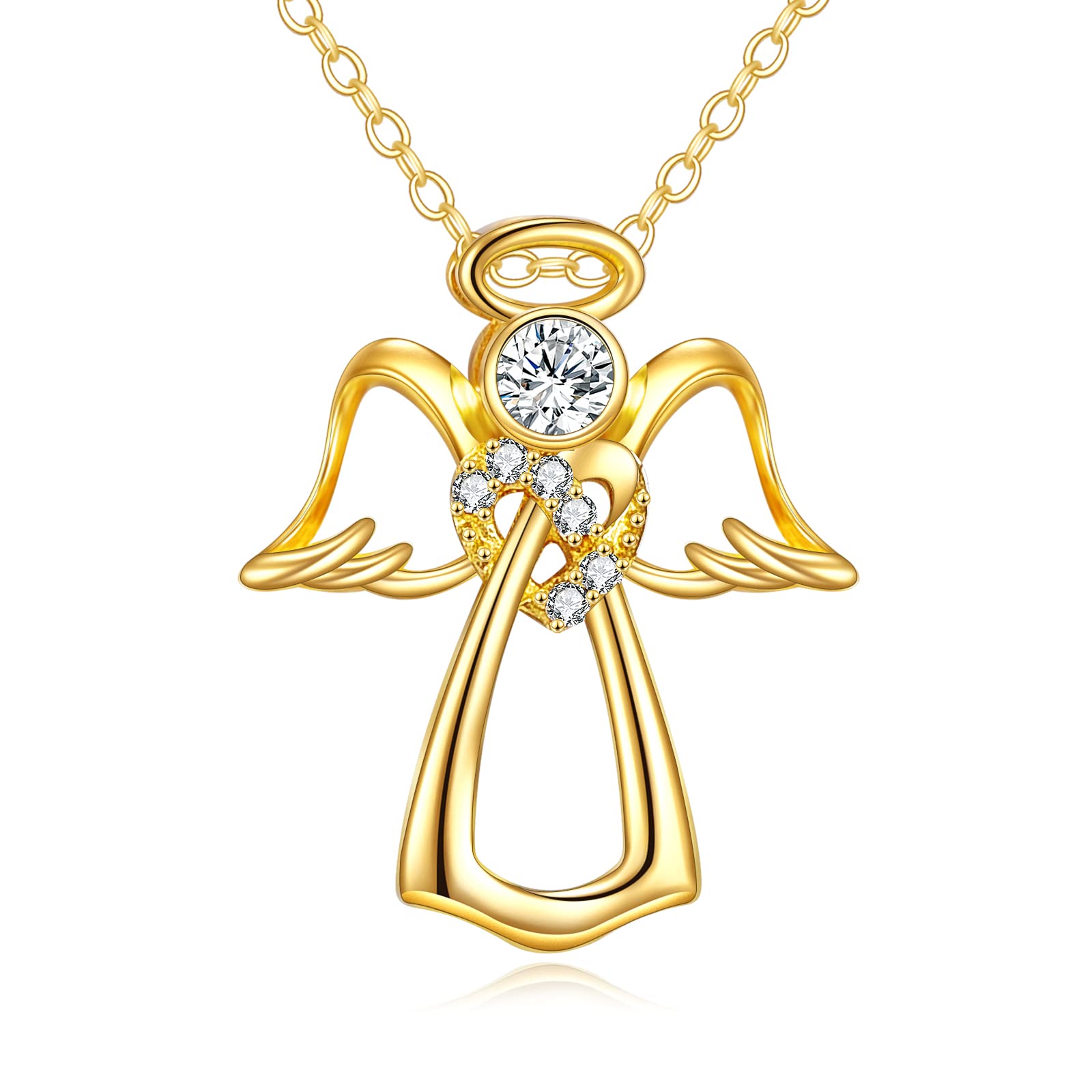 14K/18K Yellow Gold Guardian Angel Necklace with Heart Crystal & Angel Wings Pendant - Elegant Gift for Women, Girls, Wife, Daughter, Girlfriend - Perfect for Birthdays, Anniversaries, Christmas & Special Occasions