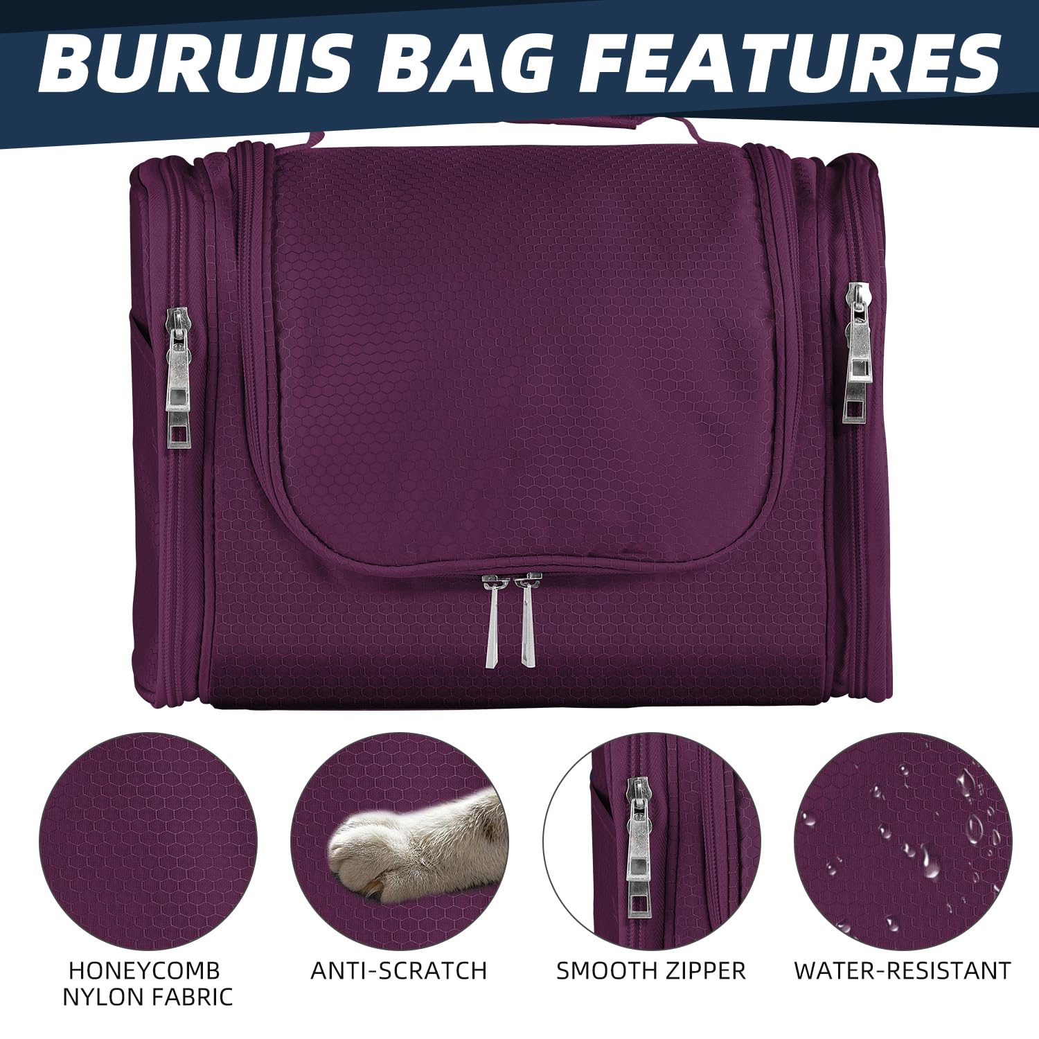 Premium Large Capacity Hanging Toiletry Bag for Women & Men - Waterproof Travel Cosmetic Organizer with Multiple Pockets for Makeup, Shaving Essentials & Full-Sized Toiletries (Purple) | Ideal for Vacation, Business Trips & Gym Use