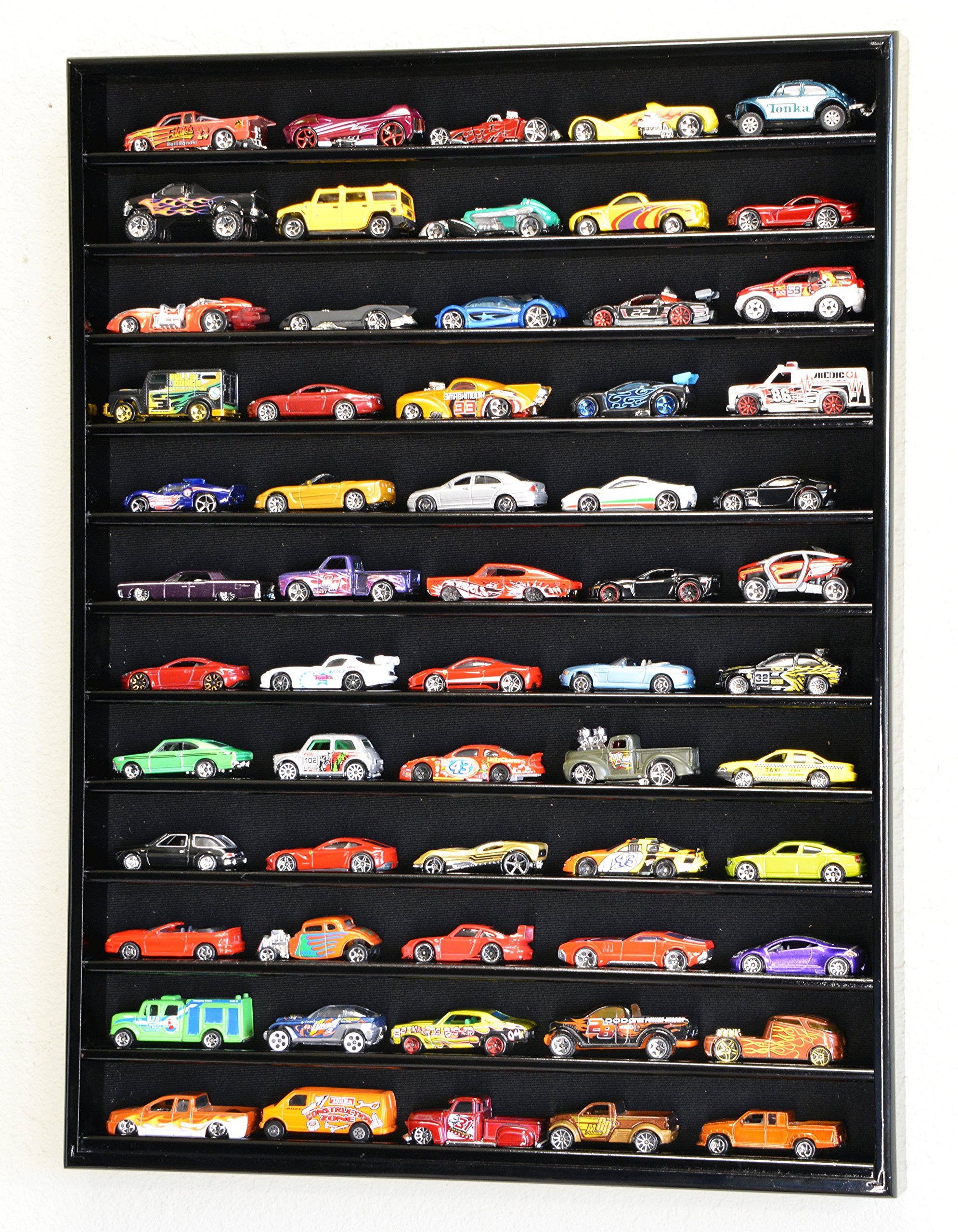 60-Piece Hot Wheels & Matchbox 1/64 Scale Diecast Car Display Case - Black Wood Finish for Collectors | Perfect for Showcasing Toy Cars in Bedroom, Office or Game Room