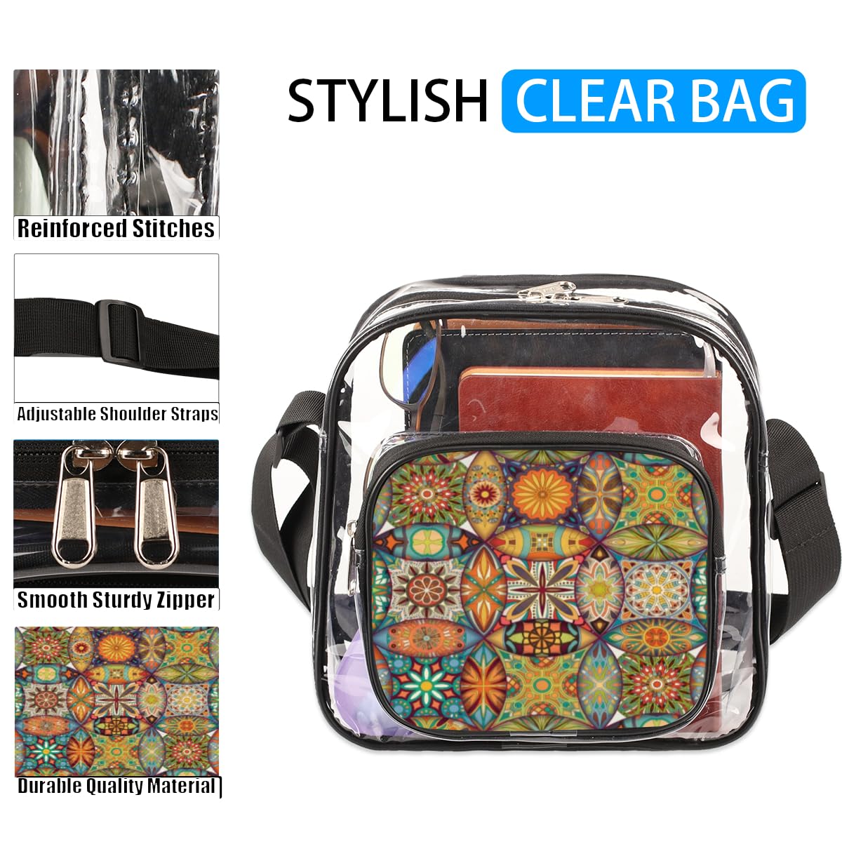 Mexican Art Mandala Clear Crossbody Purse - Ethnic Festival Bag for Women & Men - Stadium Approved Transparent Purse for Concerts, Sports Events & Music Festivals - Stylish & Functional Clear Shoulder Bag for Everyday Use