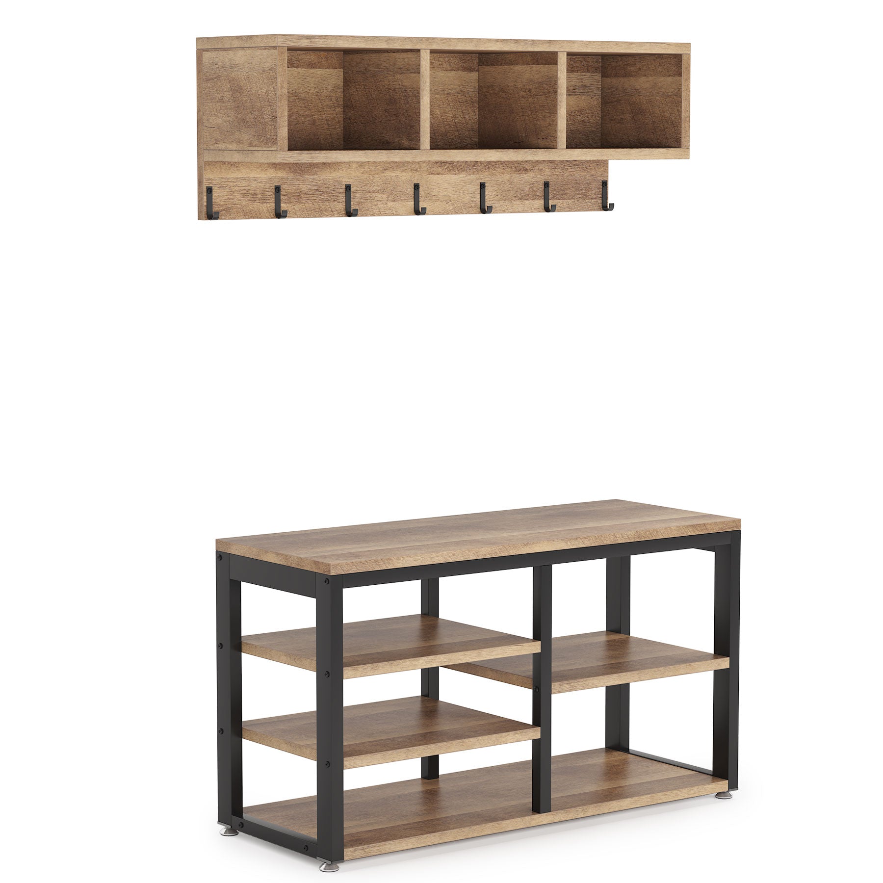 5 in 1 Coat Rack Shoe Bench Set with Wall Mounted Shelf - Space Saving Entryway Organizer for Hats, Bags & Shoes | Perfect for Hallway, Mudroom or Foyer Decor