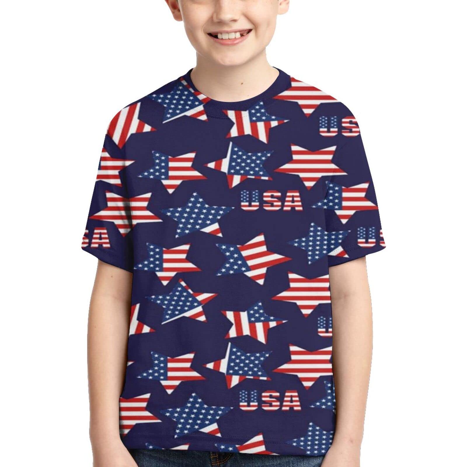 Boys' Short Sleeve T-Shirt with USA Flag & Stars Design - American Patriotic Crewneck Tee for Kids | Perfect for 4th of July, School Spirit Days & Family Outings