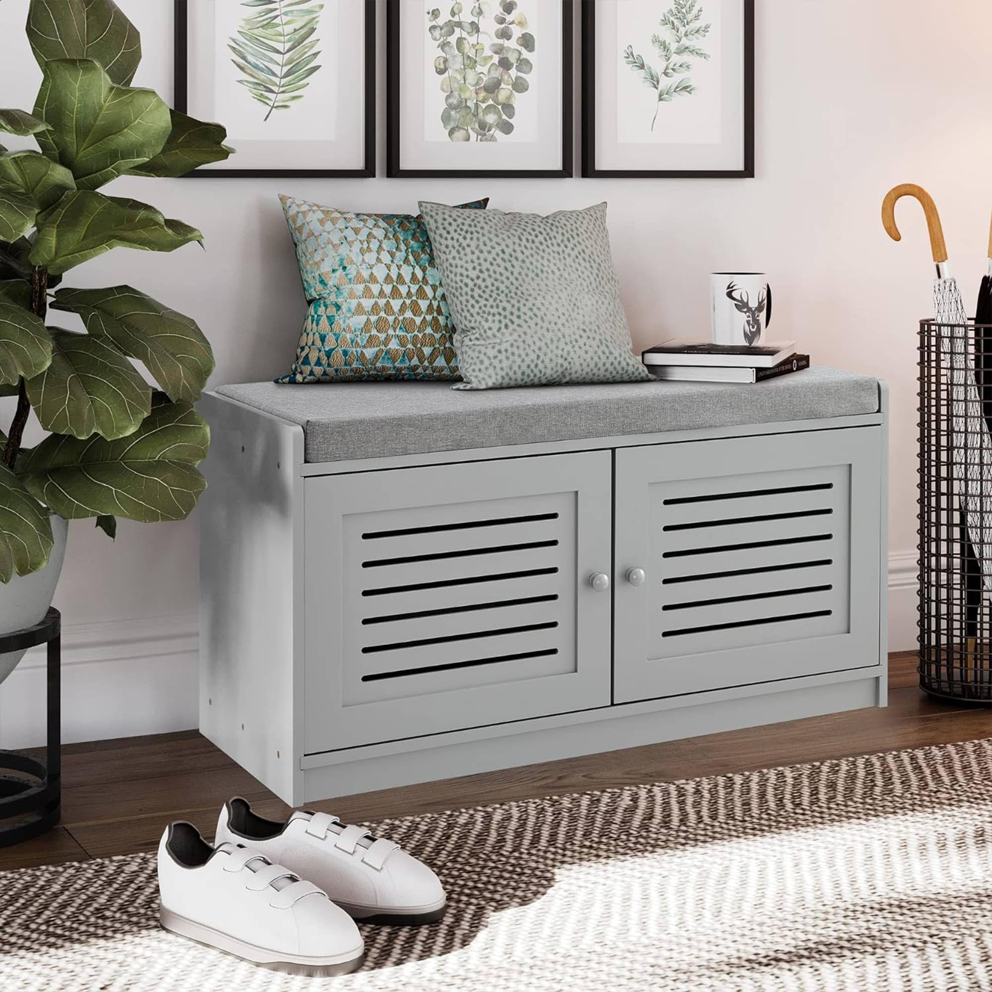 2 Pack Gray Wooden Shoe Storage Bench with Cushioned Seat & Adjustable Shelves - Entryway Organizer for Living Room, Bedroom & Hallway | Perfect for Small Spaces, Closet Organization & Shoe Rack Furniture