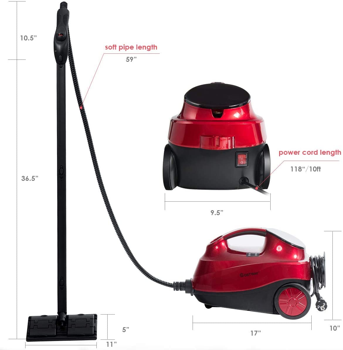 LDAILY 2000W Multi-Purpose Steam Cleaner with 19 Accessories - 1.5L Large Water Tank, Extra-Long Power Cord, Chemical-Free Pressurized Cleaning for Floors, Cars, Home & Commercial Use - Perfect for Deep Cleaning Kitchens, Bathrooms, Garages & Outdoor Equipment (Red)