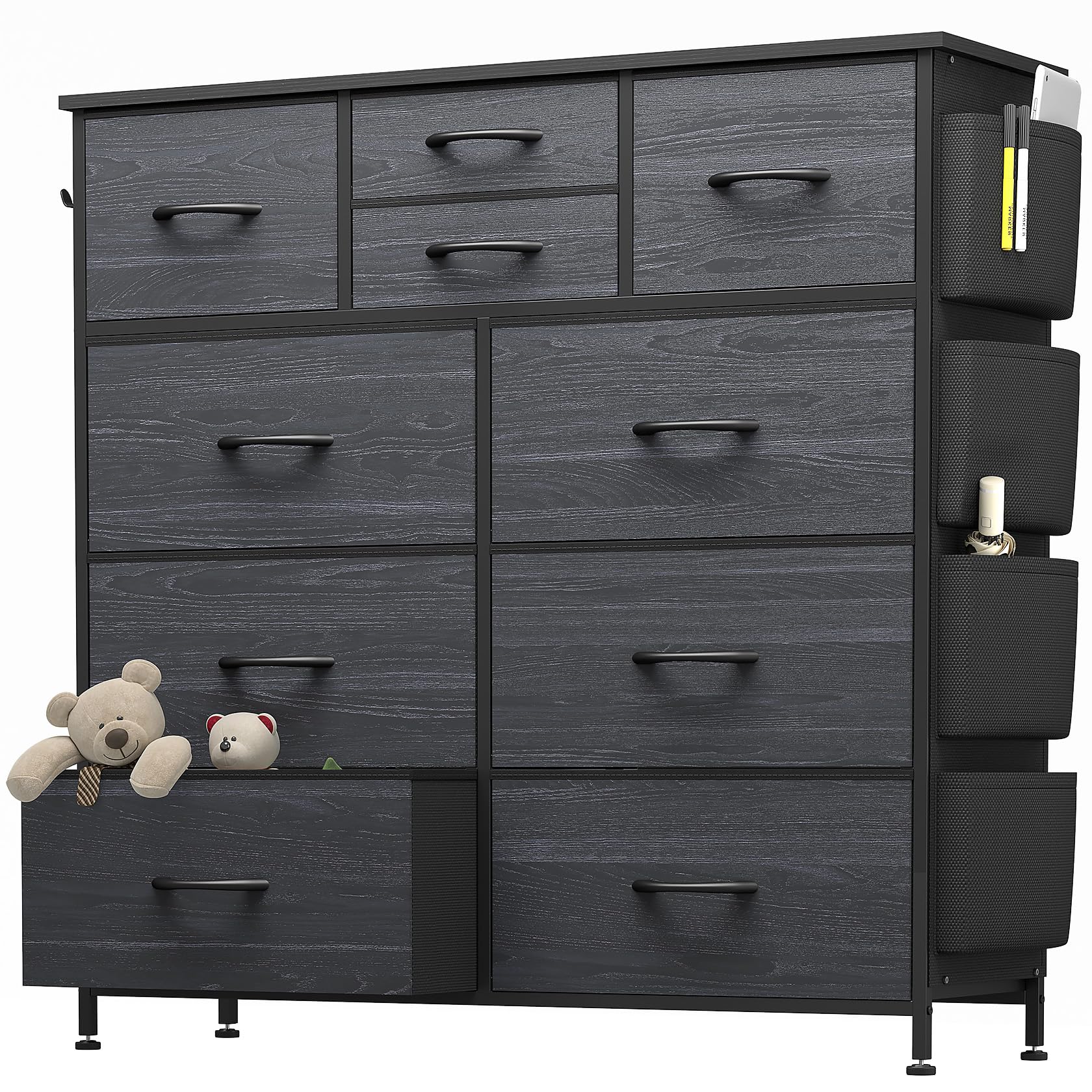 10-Drawer Fabric Dresser for Bedroom & Living Room - Wooden Top, Metal Frame with Side Pockets & Hooks - Black Wood Vein Pattern - Perfect for Closet Organization, Hallway Storage & Small Space Furniture