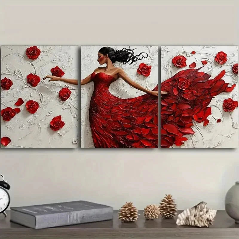 3pcs Red Dress Dancing Girl Wall Art Set - Framed Canvas 40x60cm | High Quality Print | 100% Australian Made | Ready to Hang | Perfect for Living Room, Bedroom & Office Decor