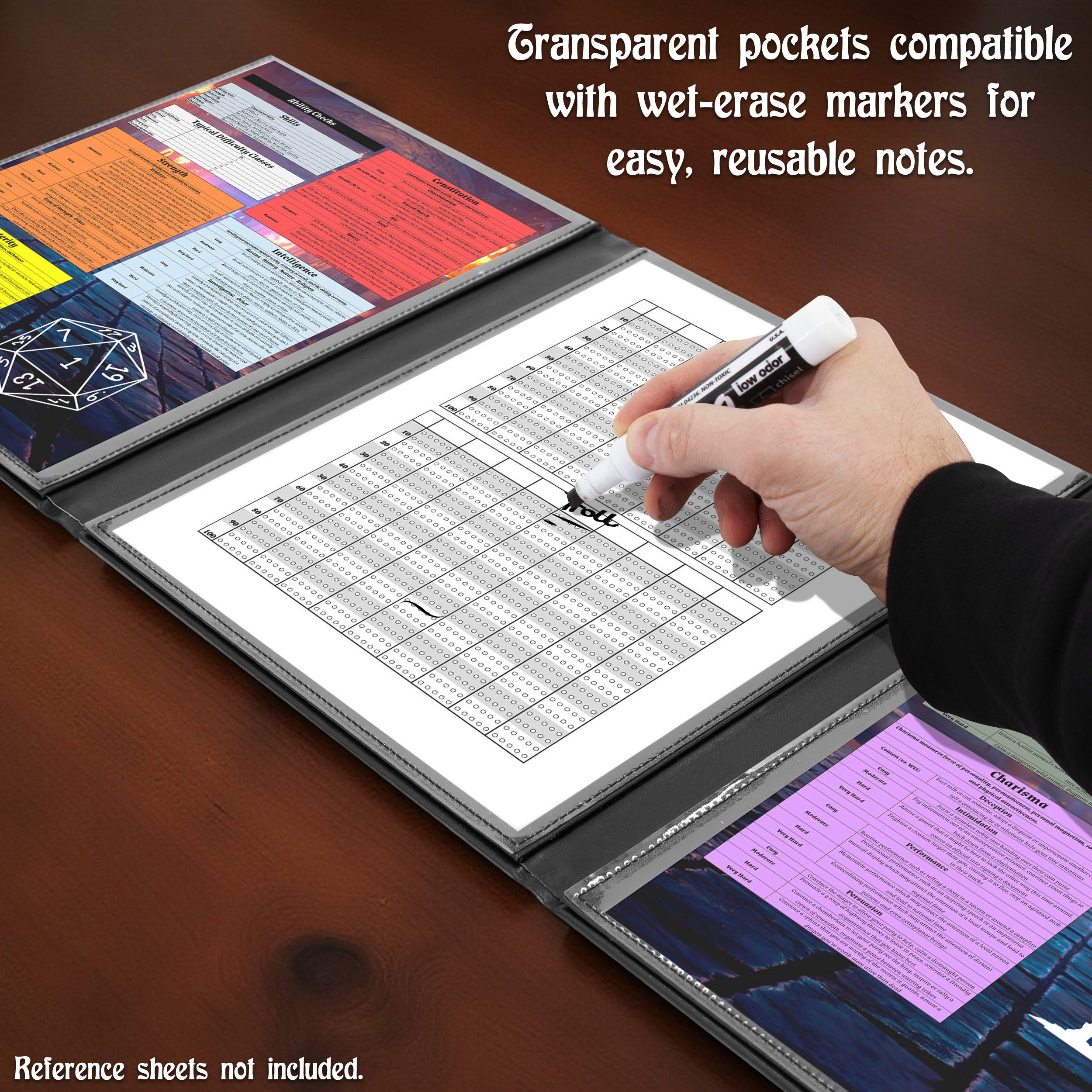 3 Panel Travel DM Screen - Compact PU Leather GM Screen with Clear Pockets & Wet Erase Panels | Portable RPG Campaigns | D&D Game Master Accessories | Tabletop Roleplaying Games | Dungeon Master Tools for Game Sessions