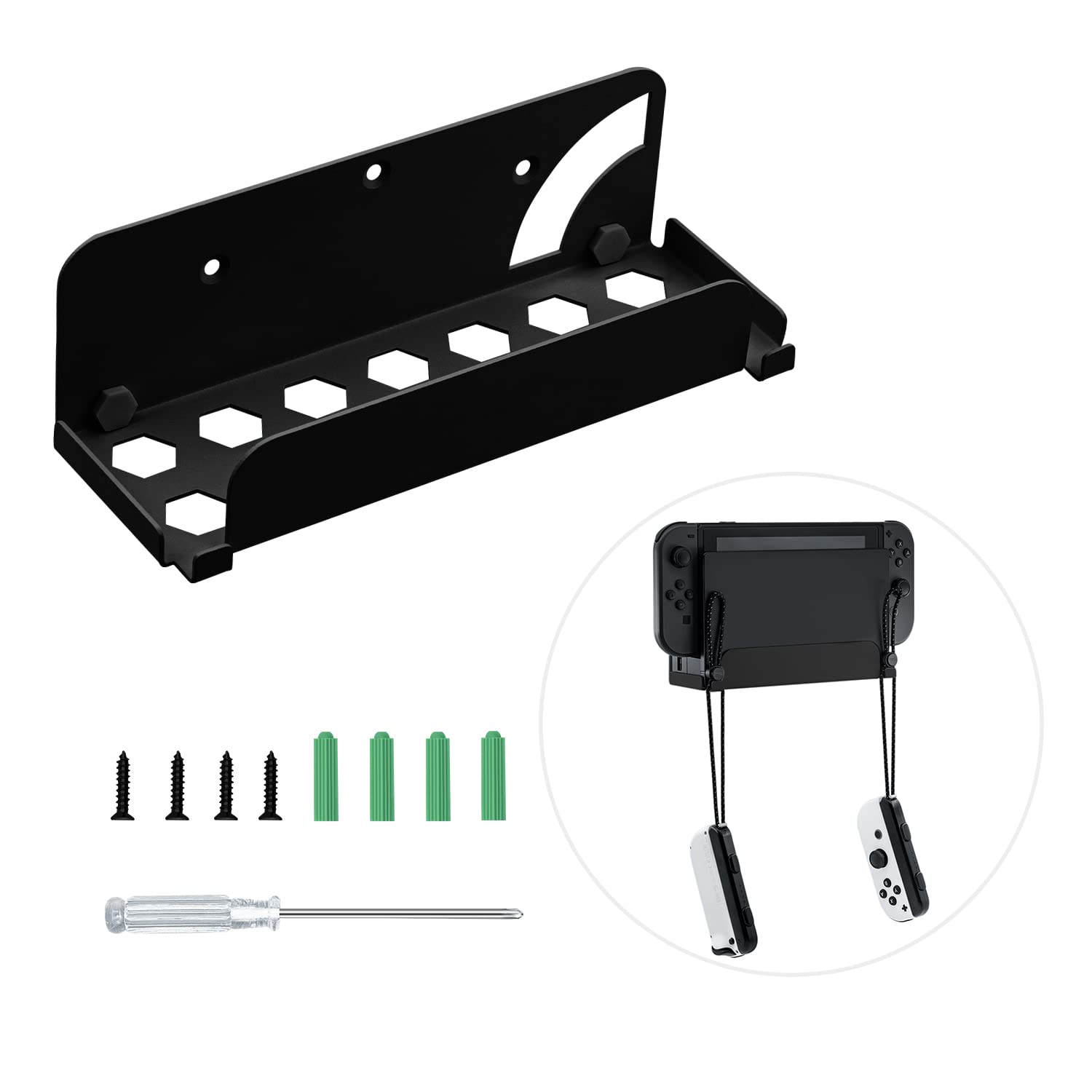 Mcbazel Wall Mount for Nintendo Switch OLED/NS Switch - Metal Wall Bracket with Joycon Hooks, Screw Set & Screwdriver - Space Saving Near or Behind TV - Black - Perfect for Gaming Rooms & Living Room Setups