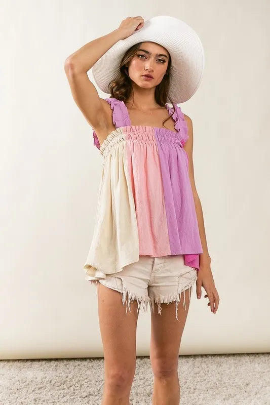 BiBi Frill Shoulder Strap Color Block Bodice Top - Women's Fashion Blouse for Party, Date Night & Casual Wear