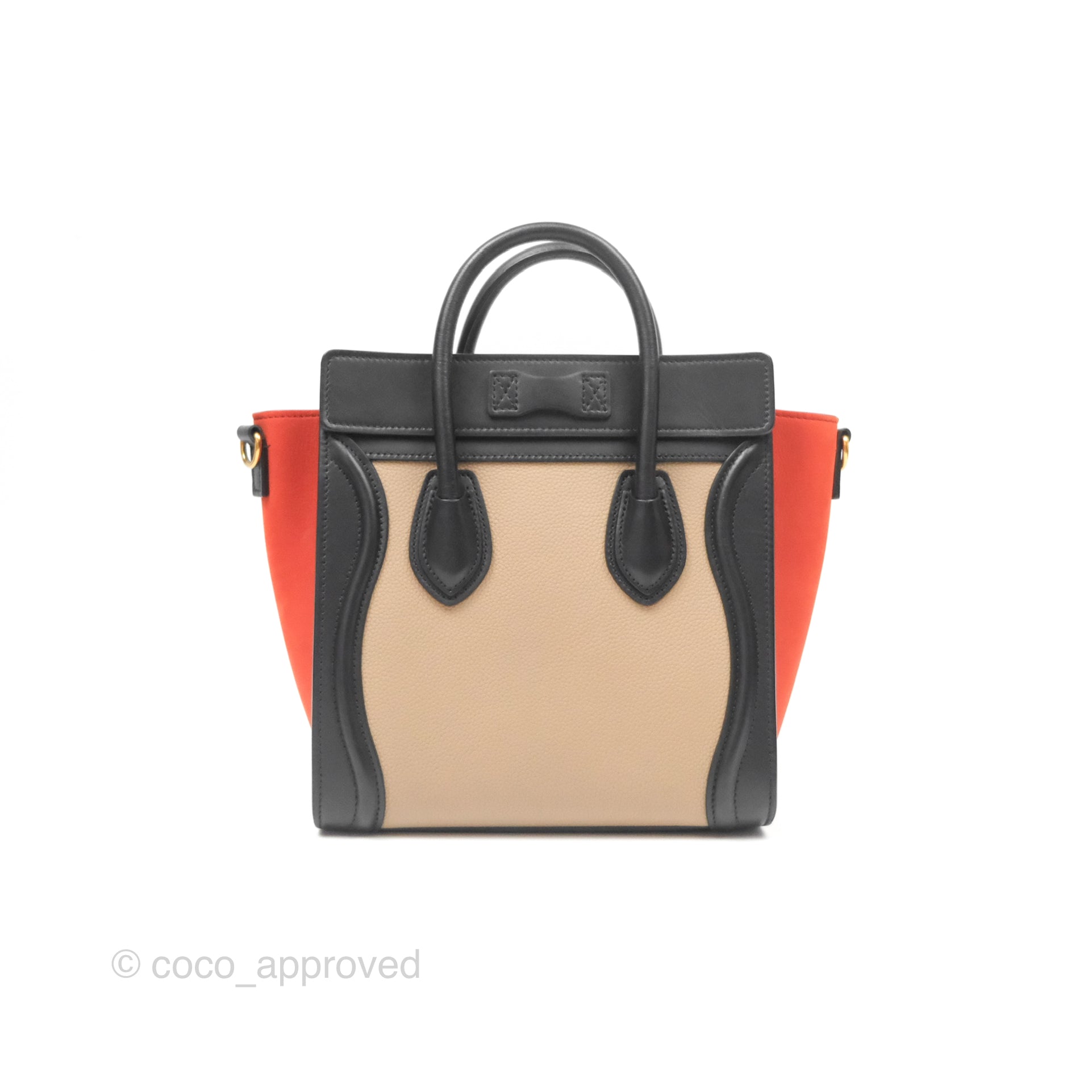 Celine Nano Luggage Bag in Grained Calfskin Leather with Gold Hardware - Orange, Black & Beige Colors | Perfect for Work, Travel & Everyday Use