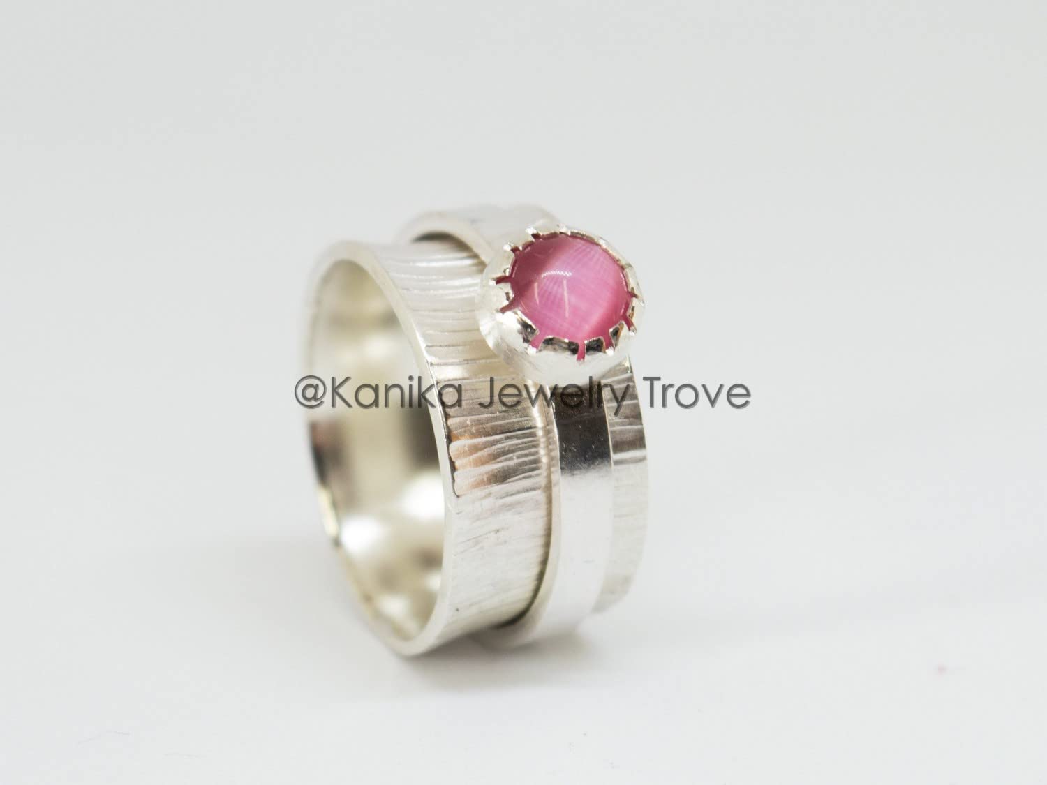 Textured Sterling Silver Spinner Ring for Men & Women - Scratched Finish Meditation Ring, Anxiety Relief Jewelry - Pink Tourmaline Size 14 - Perfect Gift for Mother's Day, Birthday & Stress Relief