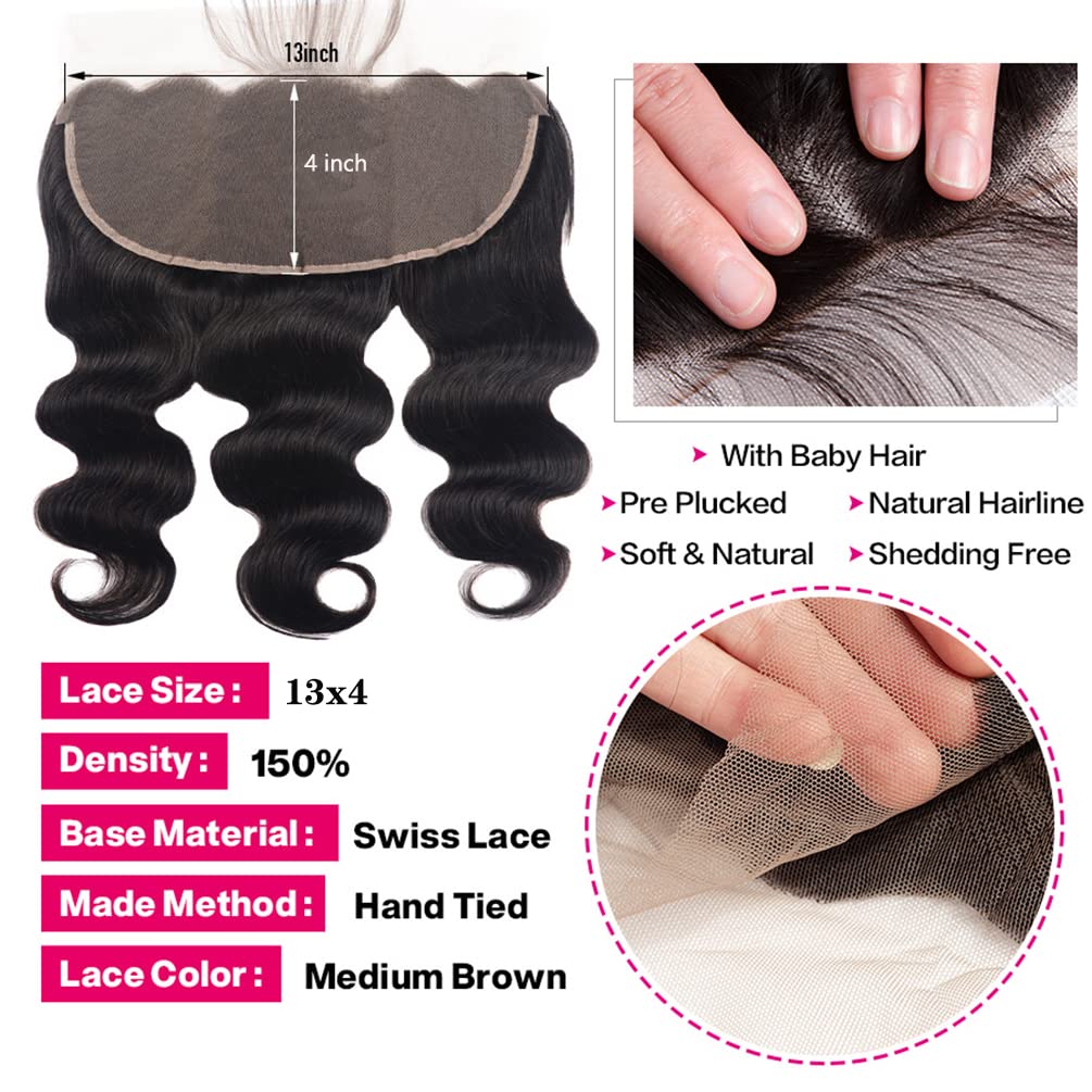 13×4 Lace Frontal Body Wave Bundles - 100% Unprocessed 8A Brazilian Human Hair Weave (12/14/16+10 Inch) | Double Weft, Free Part | Perfect for Protective Styles, Wig Making & Everyday Glam