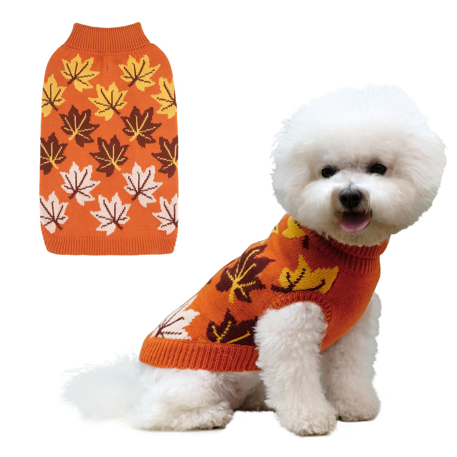 KOOLTAIL Medium Dog Sweater - Warm Knitted Turtleneck Pullover for Cold Weather | Autumn Maple Leaf Pattern Pet Sweater | Winter Clothes for Small Medium Large Dogs & Cats | Perfect for Fall Walks & Indoor Cozy Time (Orange)
